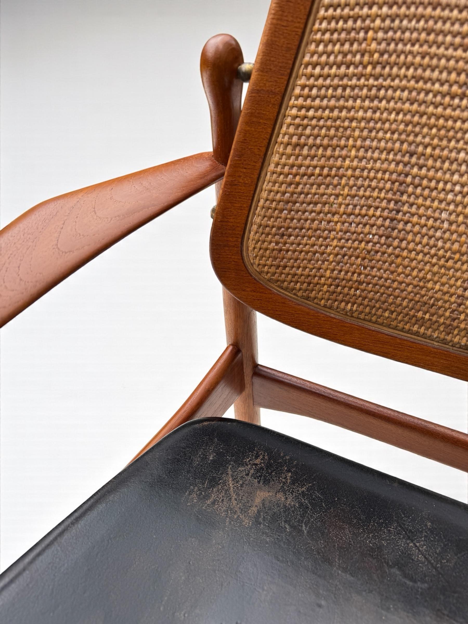 Hand-Crafted Arne Vodder Model 186 Armchair in Teak, Leather & Rattan, Denmark 1950's For Sale