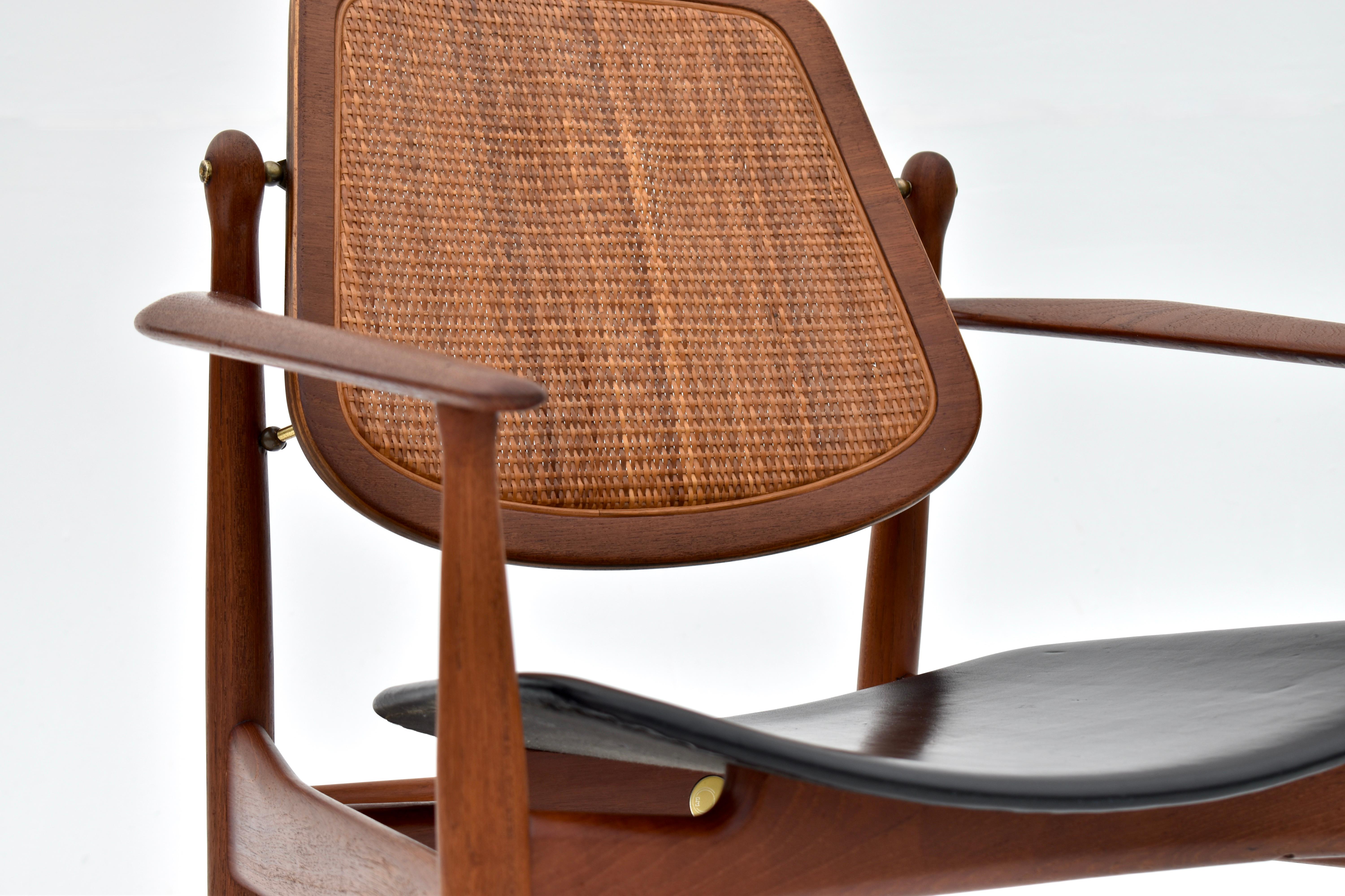 Arne Vodder Model 186 Chaise en teck, rotin et cuir pour France & Son, Danemark en vente 5