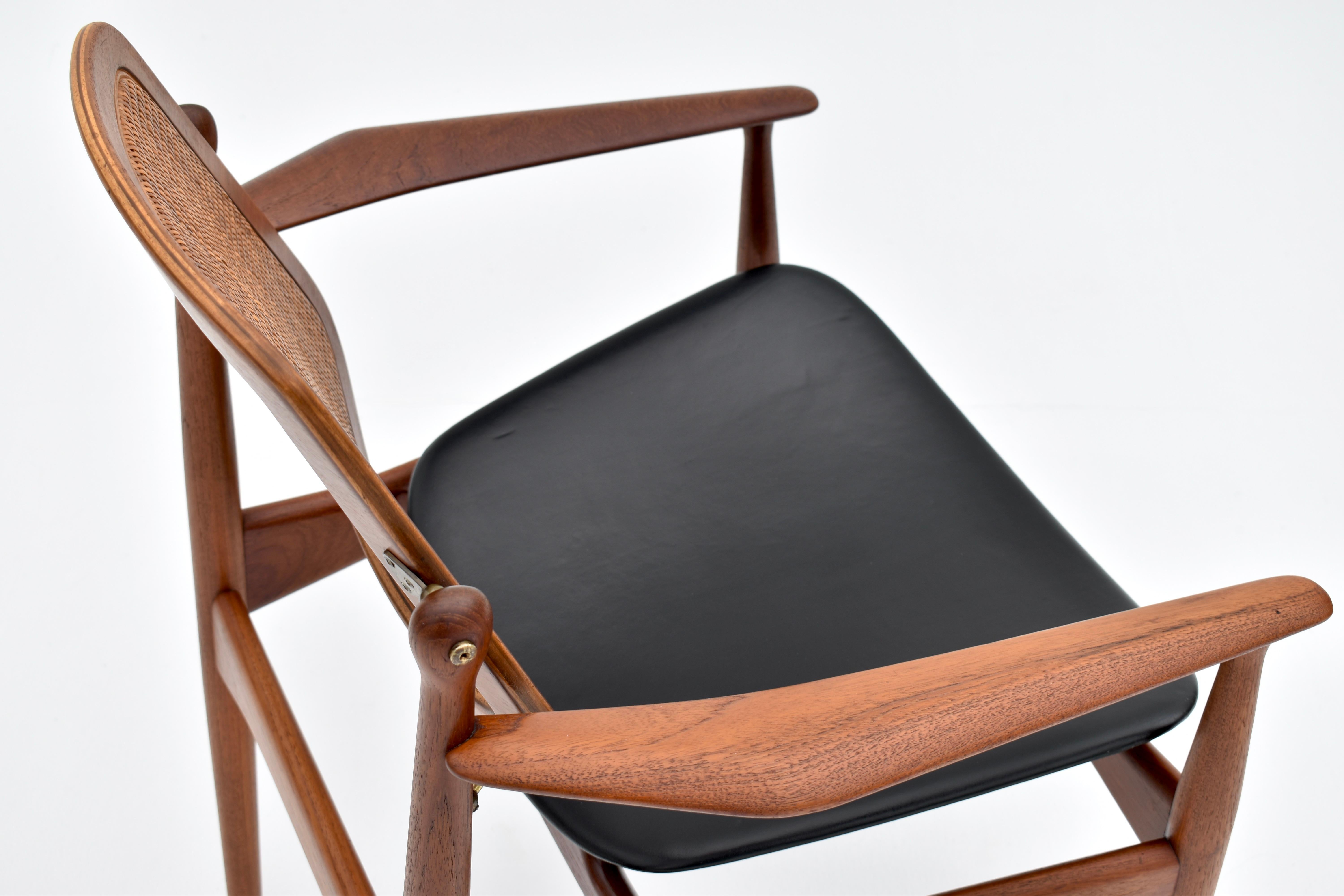 Brass Arne Vodder Model 186 Teak, Rattan & Leather Chair For France & Son, Denmark For Sale