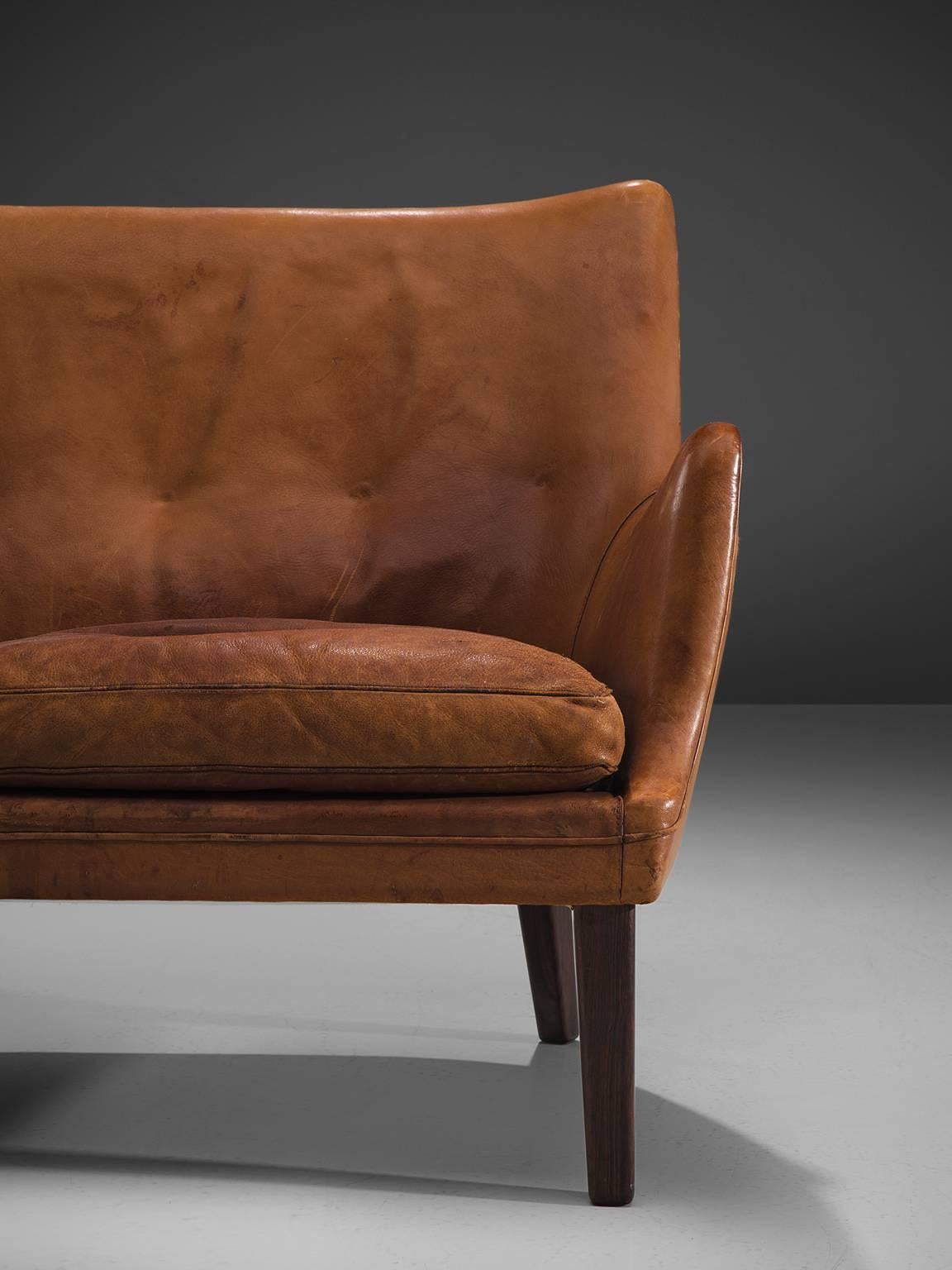 Arne Vodder Original Cognac Leather Settee In Excellent Condition In Waalwijk, NL