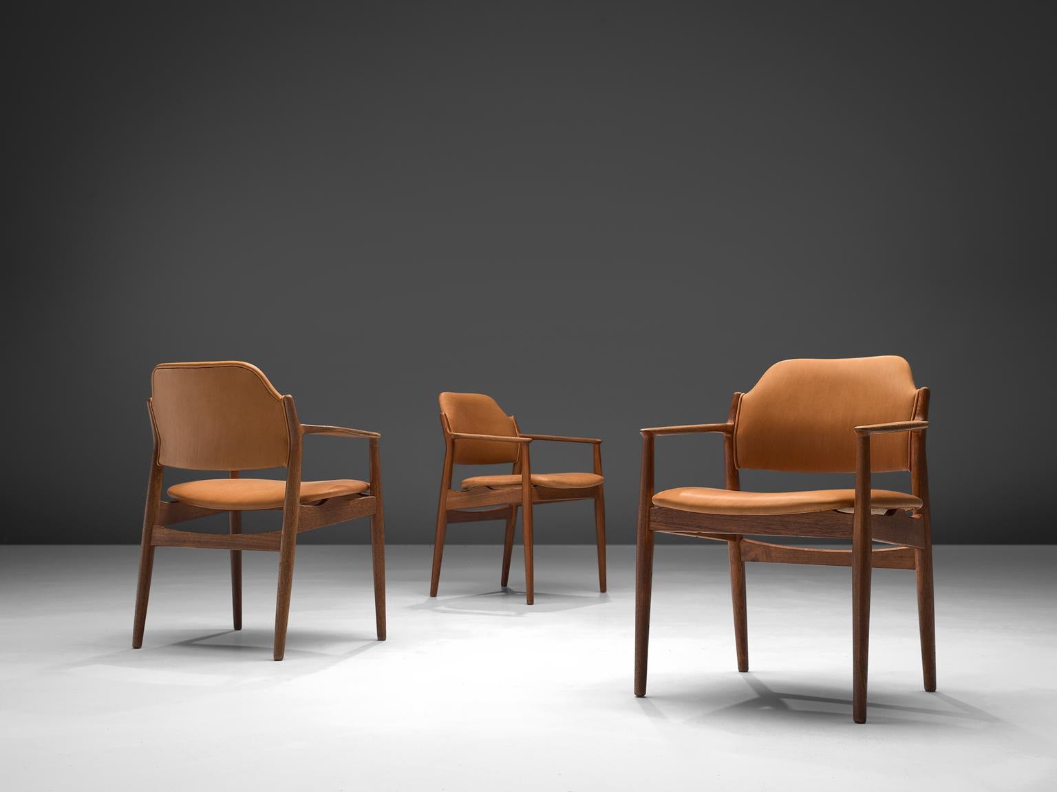 Danish Arne Vodder Reupholstered Set of Dining Chairs in Cognac Leather