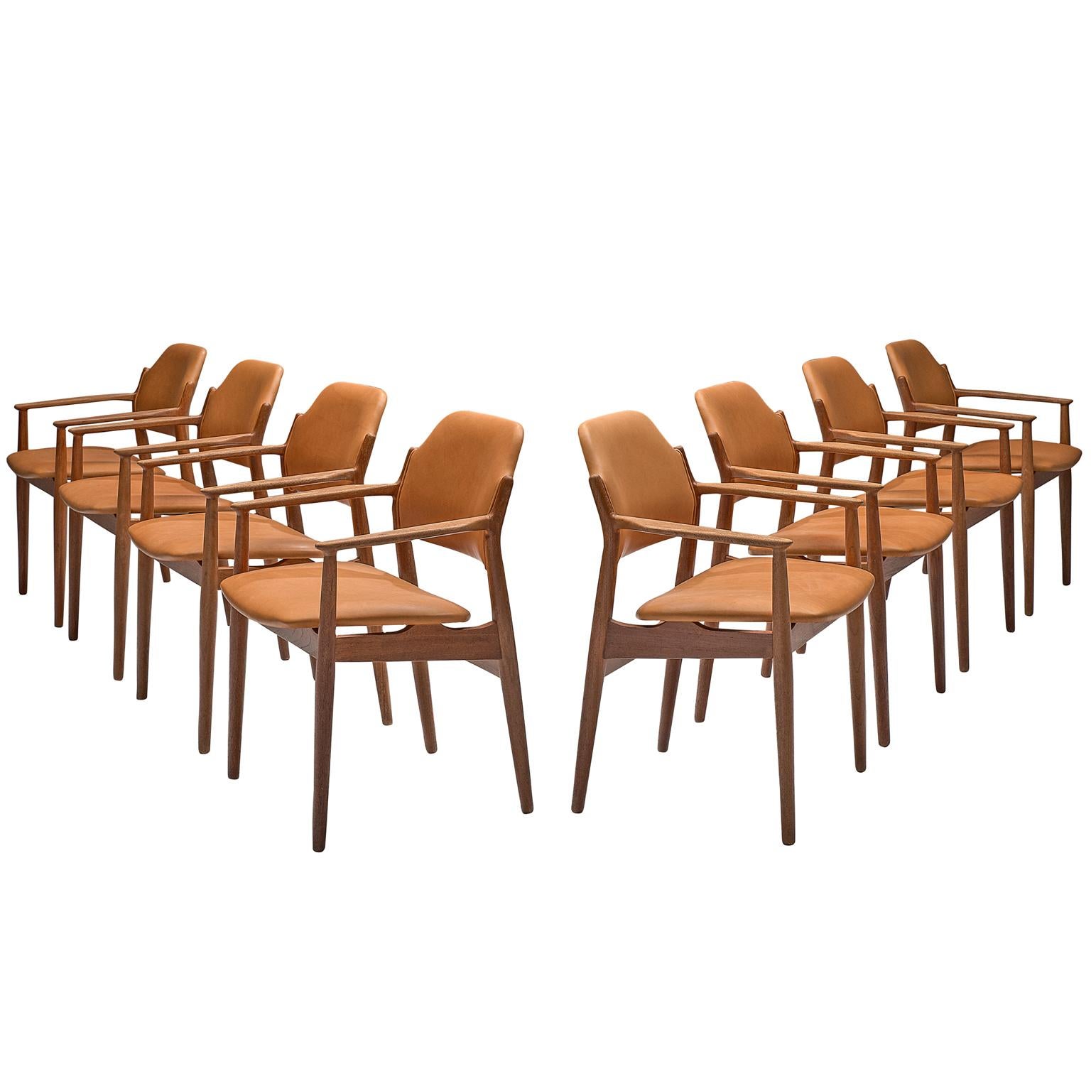 Arne Vodder Reupholstered Set of Dining Chairs in Cognac Leather