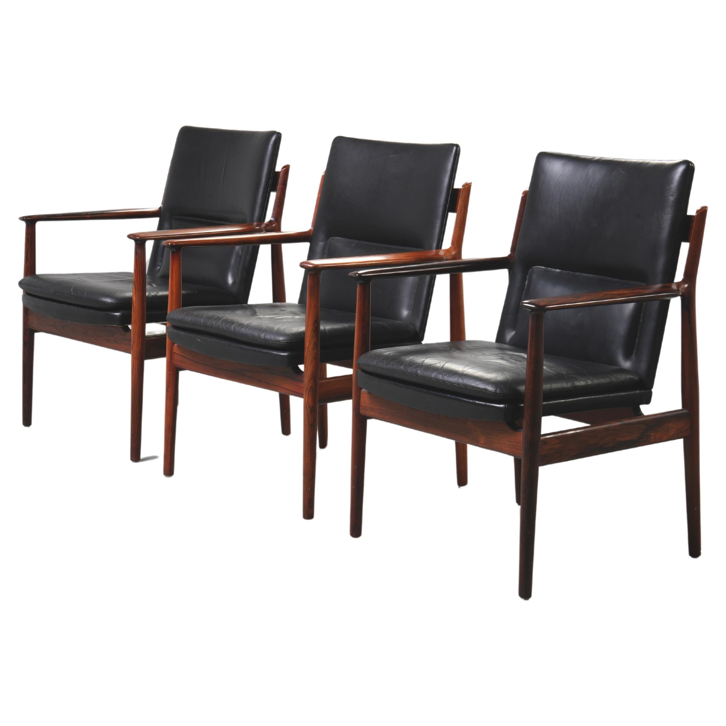Arne Vodder set of 3 Armchairs in Rosewood and Leather mod. 431, Denmark, 1960's