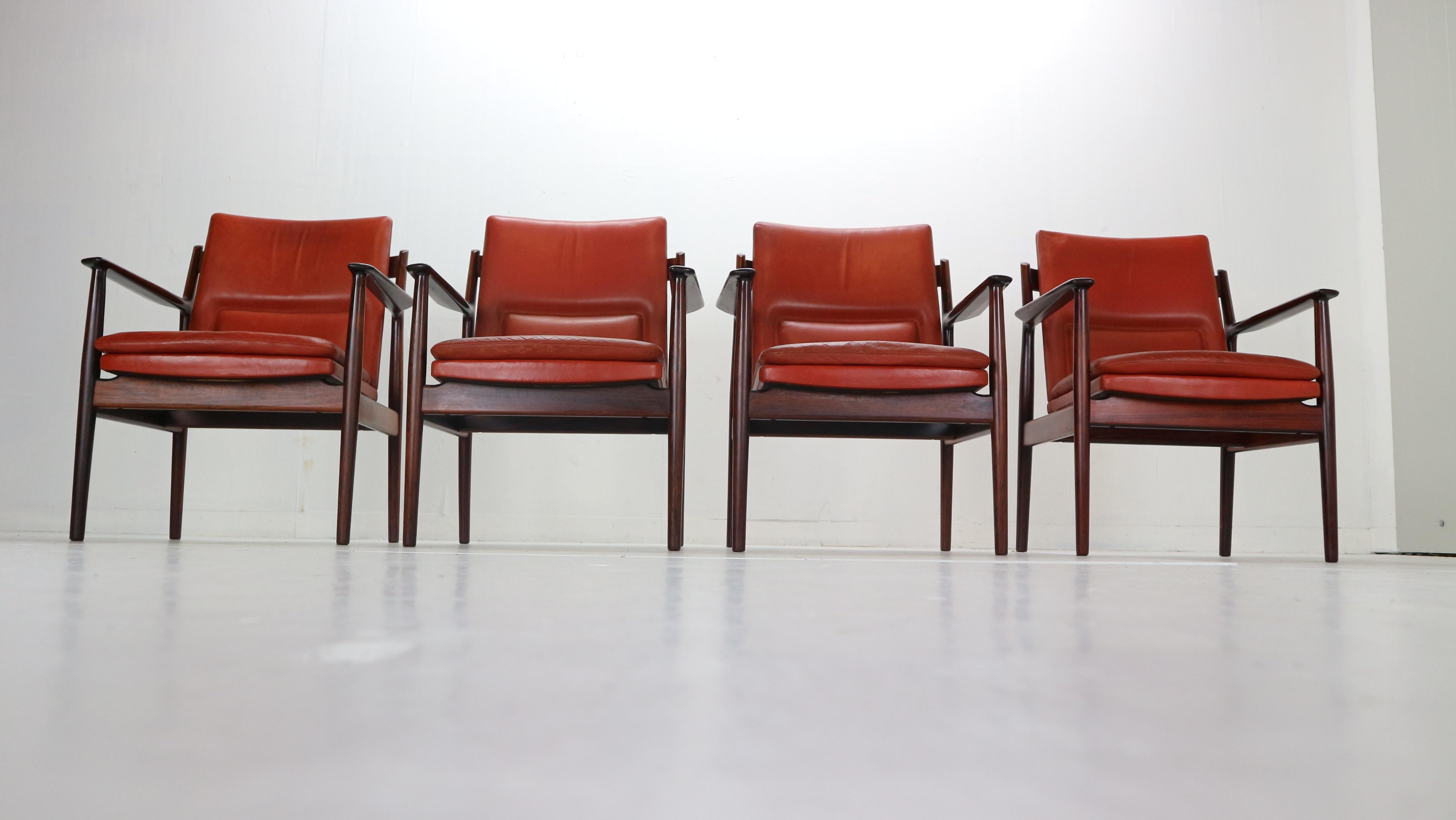 Mid-Century Modern Arne Vodder Set of 4 Red Leather Armchairs for Sibast, 1960s Denmark