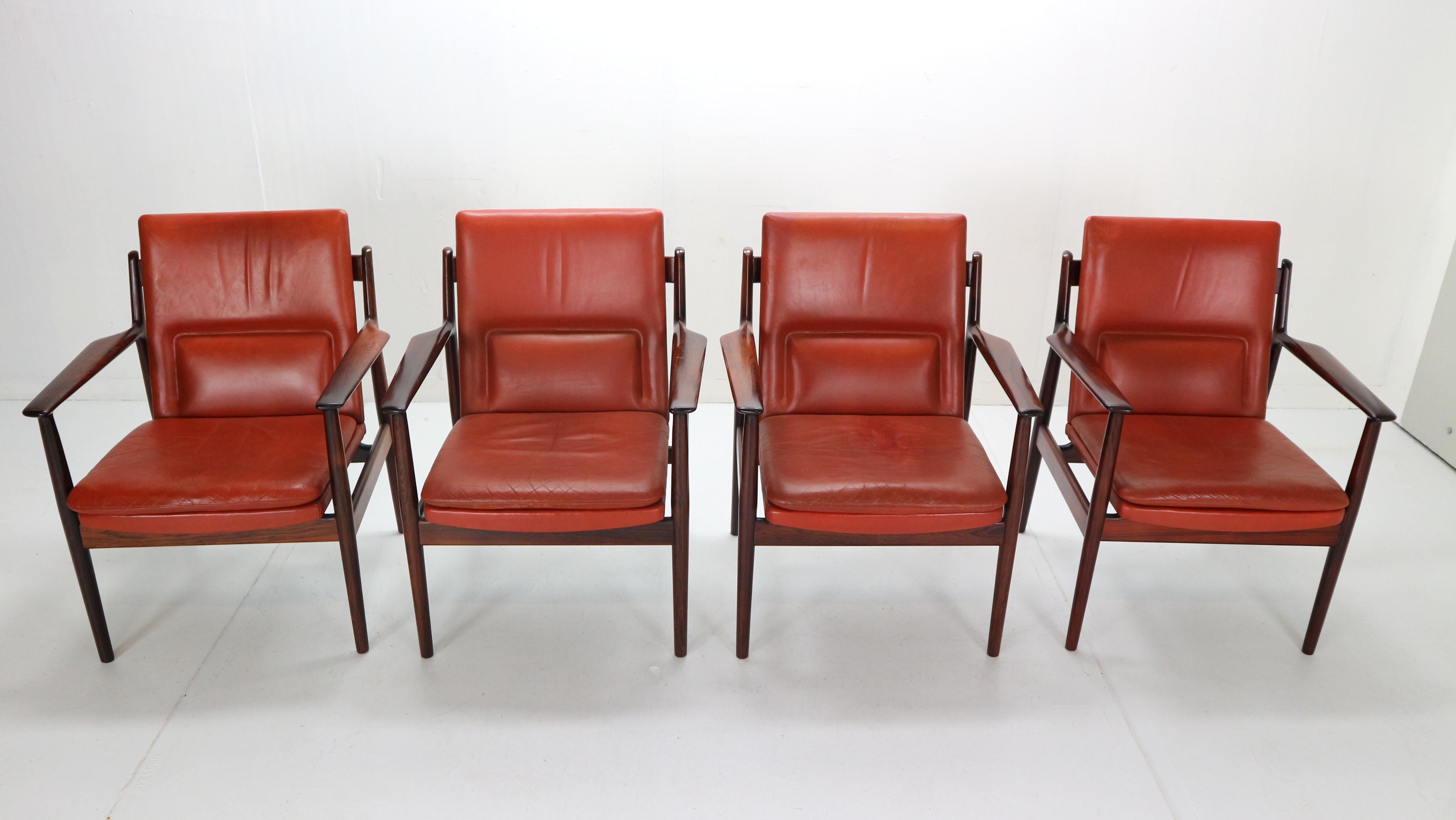 Danish Arne Vodder Set of 4 Red Leather Armchairs for Sibast, 1960s Denmark