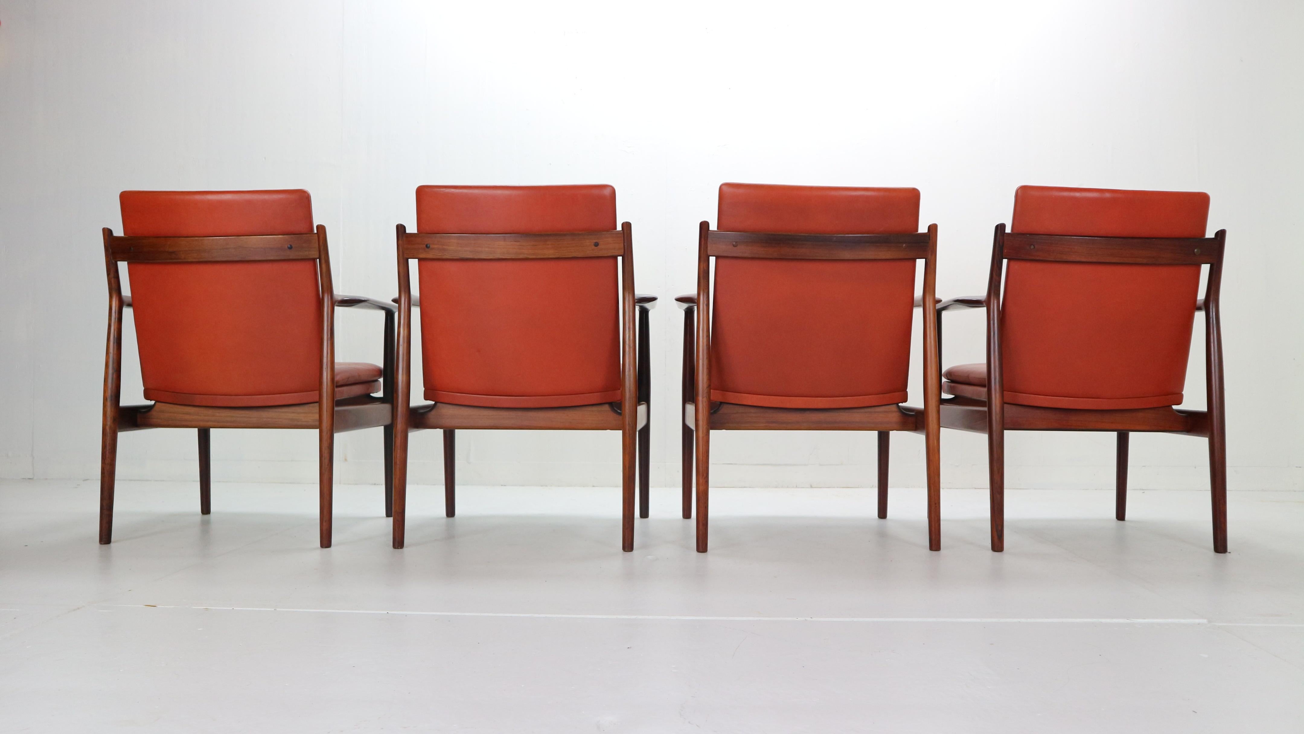Mid-20th Century Arne Vodder Set of 4 Red Leather Armchairs for Sibast, 1960s Denmark
