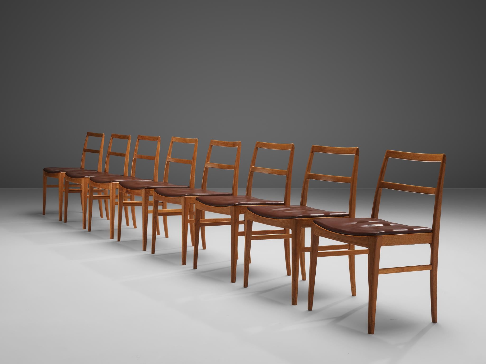 Scandinavian Modern Arne Vodder Set of Eight Dining Chairs in Teak and Brown Leather 