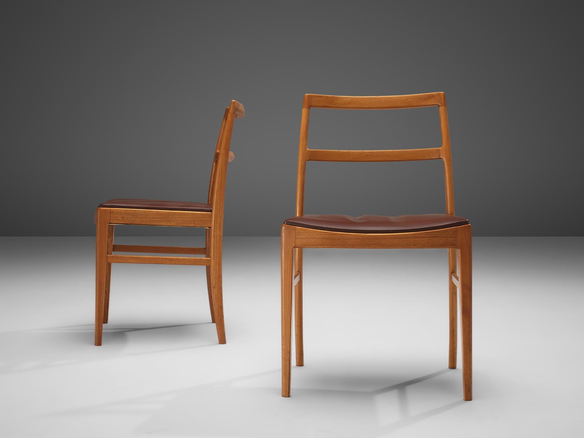 Danish Arne Vodder Set of Eight Dining Chairs in Teak and Brown Leather 