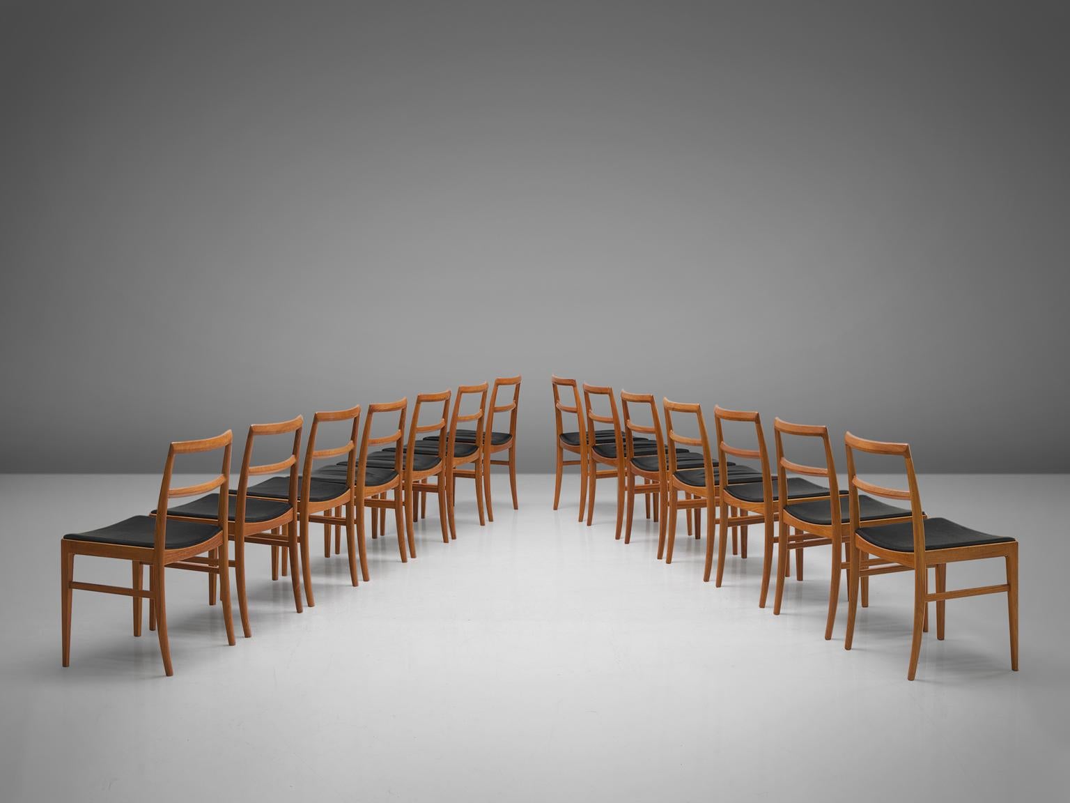 Arne Vodder for Sibast Møbler, '430' dining chairs, teak and leather, by Denmark, 1960s. 

This set of chairs is designed by the Danish designer Arne Vodder. The basic and linear design gives these chairs a feel of lightness. These chairs are modest