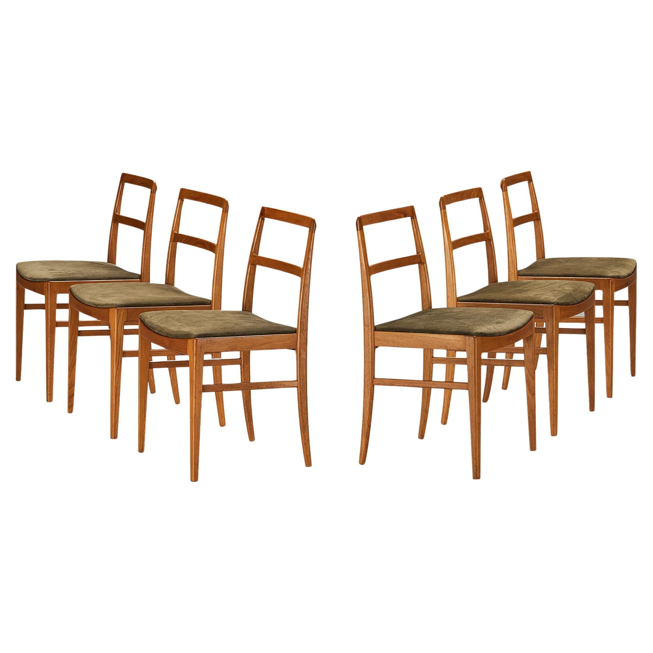 Arne Vodder Set of Six Dining Chairs in Teak and Green Upholstery 