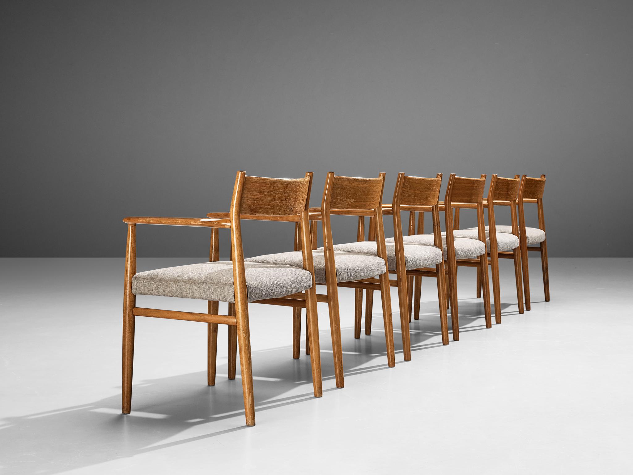 Arne Vodder Set of Six Dining Chairs in Walnut and Grey Upholstery For Sale 2