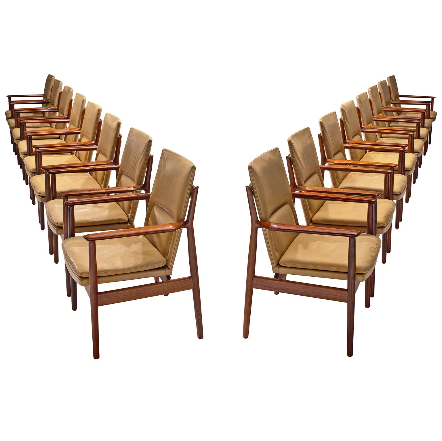 Arne Vodder Set of Sixteen Dining Chairs with Light Cognac Leather