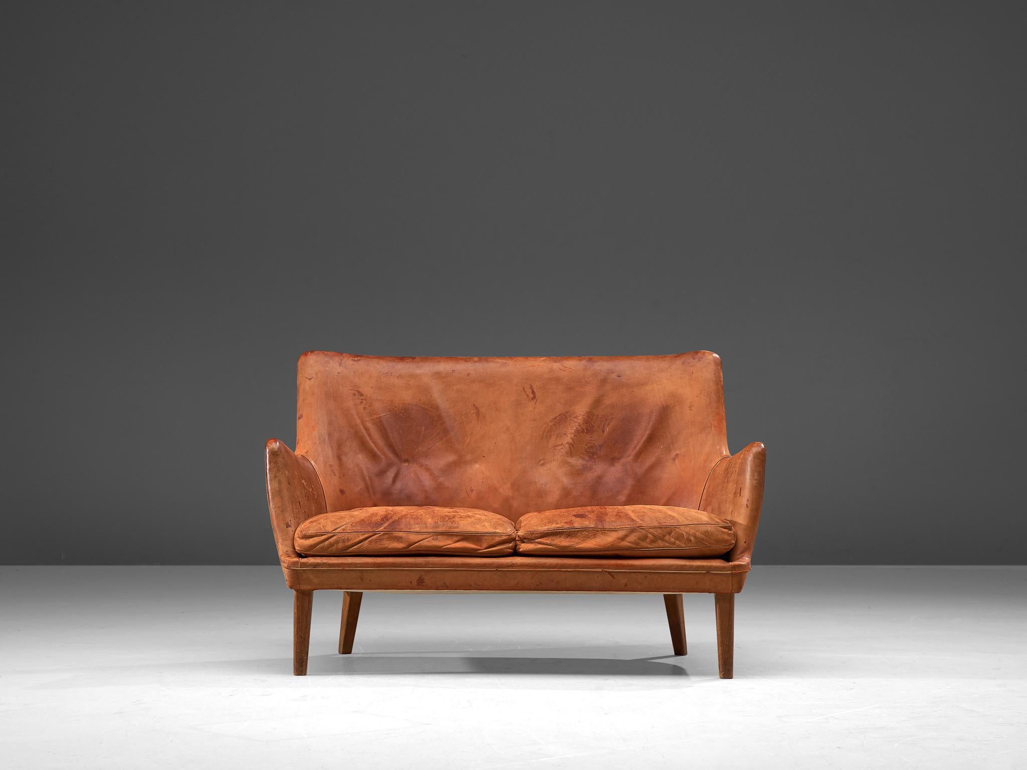 Scandinavian Modern Arne Vodder Settee in Patinated Cognac Leather