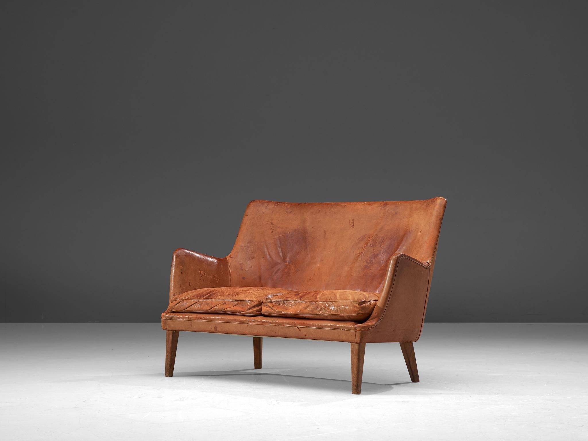 Danish Arne Vodder Settee in Patinated Cognac Leather