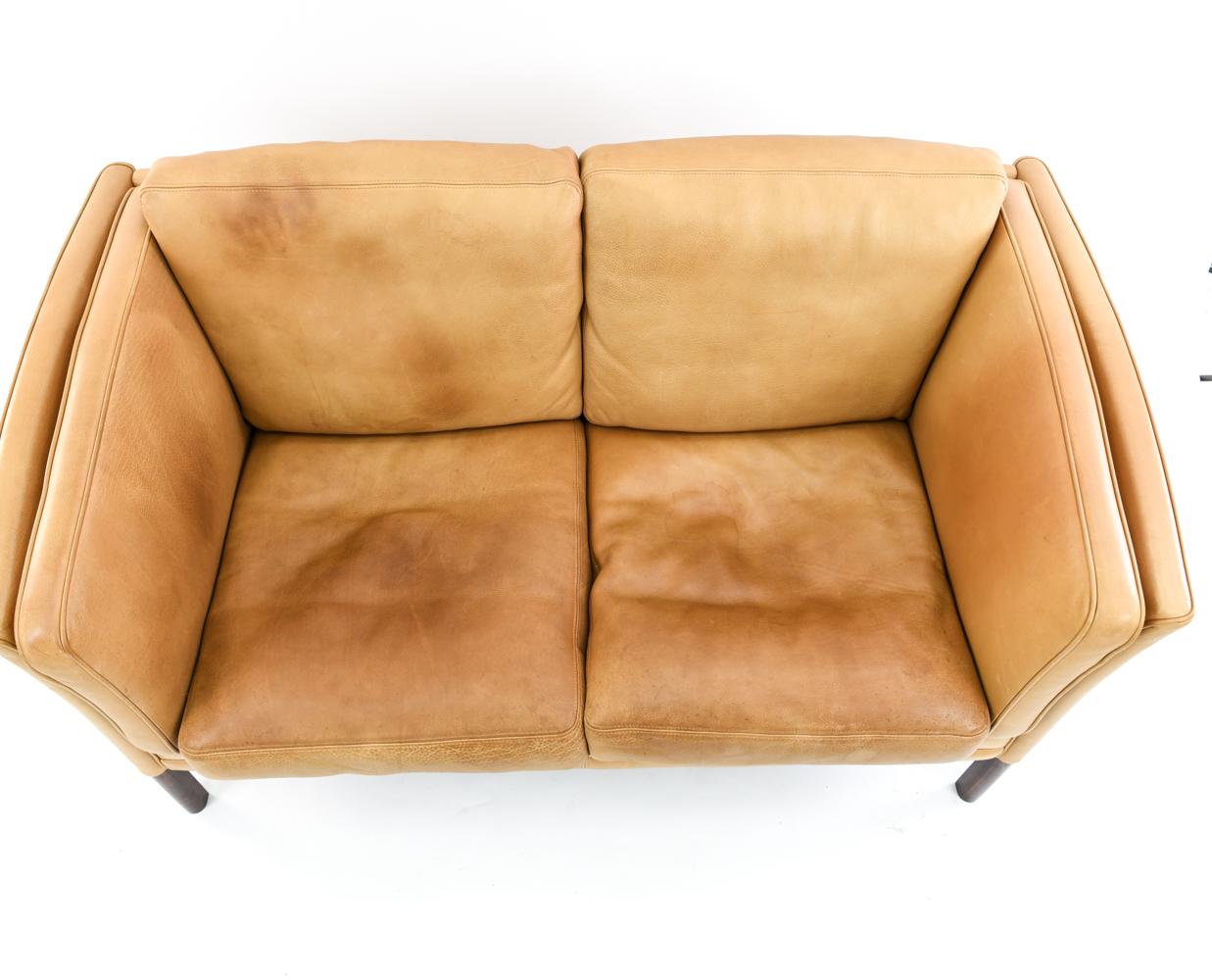 Arne Vodder Style Cognac Buffalo Leather Sofa In Good Condition In Norwalk, CT
