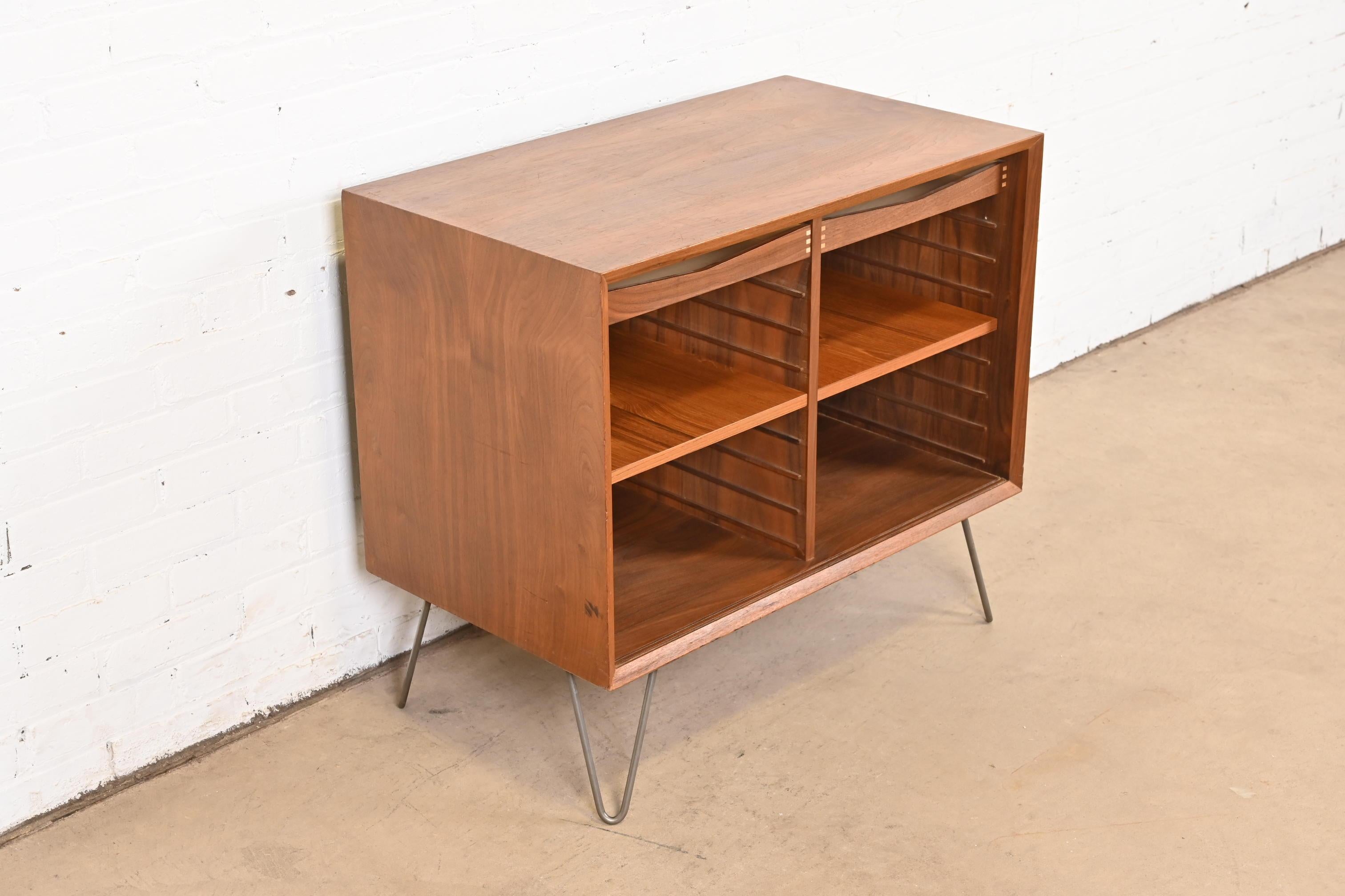 Steel Arne Vodder Style Danish Modern Walnut Bookcase or Record Cabinet, Circa 1960s