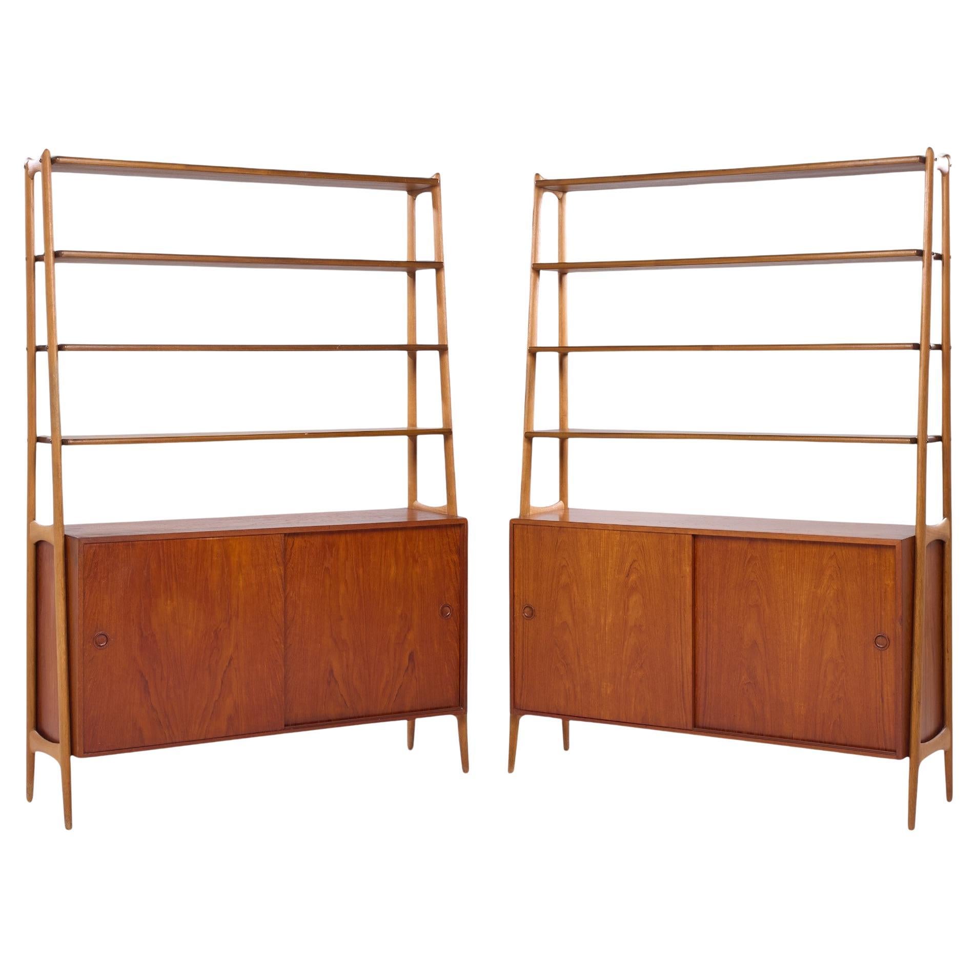 Arne Vodder Style Mid Century Danish Teak Book Shelf Credenza - Pair