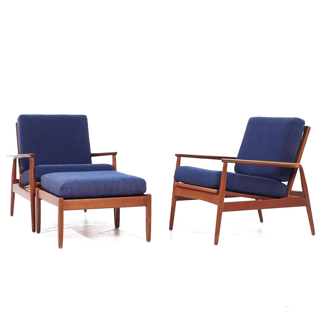 Mid-Century Modern Arne Vodder Style Mid Century Danish Teak Lounge Chairs and Ottoman - Pair For Sale