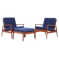 Vintage Arne Vodder Style Mid Century Danish Teak Lounge Chairs and Ottoman - Pair
