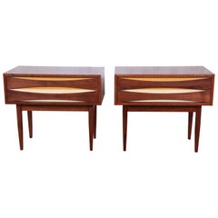 Arne Vodder Style Mid-Century Modern Walnut Nightstands, Pair