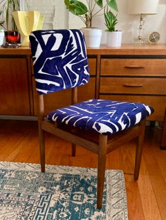 Arne Vodder Style Midcentury Chair Reupholstered in Abstract Blue and Ecru
