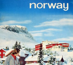 Original Vintage Railway Travel Poster Ski Norway Winter Sport Mountain Skiers