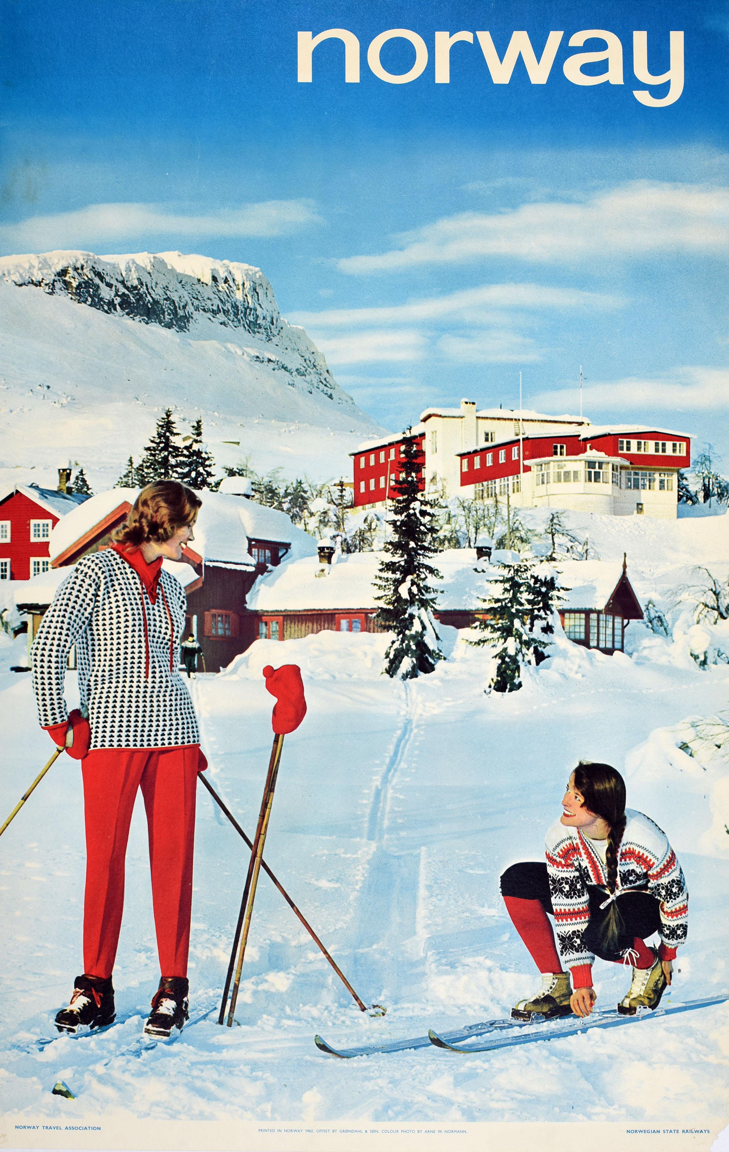 Arne W Normann Print - Original Vintage Railway Travel Poster Ski Norway Winter Sport Mountain Skiers