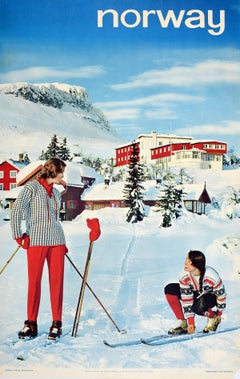 Original Retro Railway Travel Poster Ski Norway Winter Sport Mountain Skiers