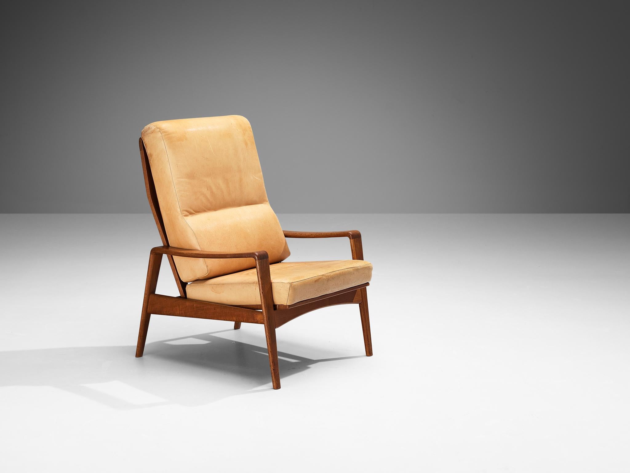 European Arne Wahl Iversen Armchair with Ottoman in Teak and Camel Leather For Sale
