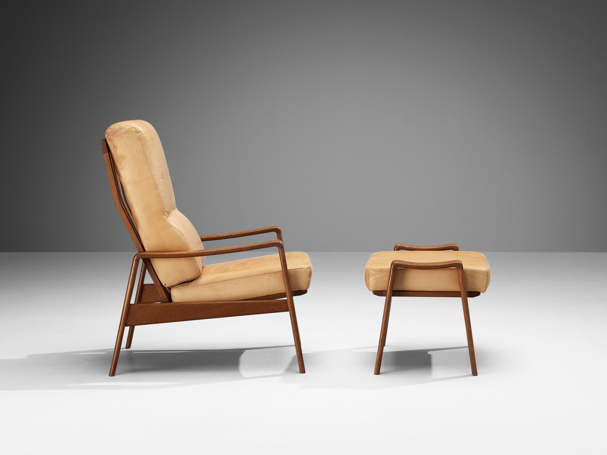 Mid-20th Century Arne Wahl Iversen Armchair with Ottoman in Teak and Camel Leather For Sale