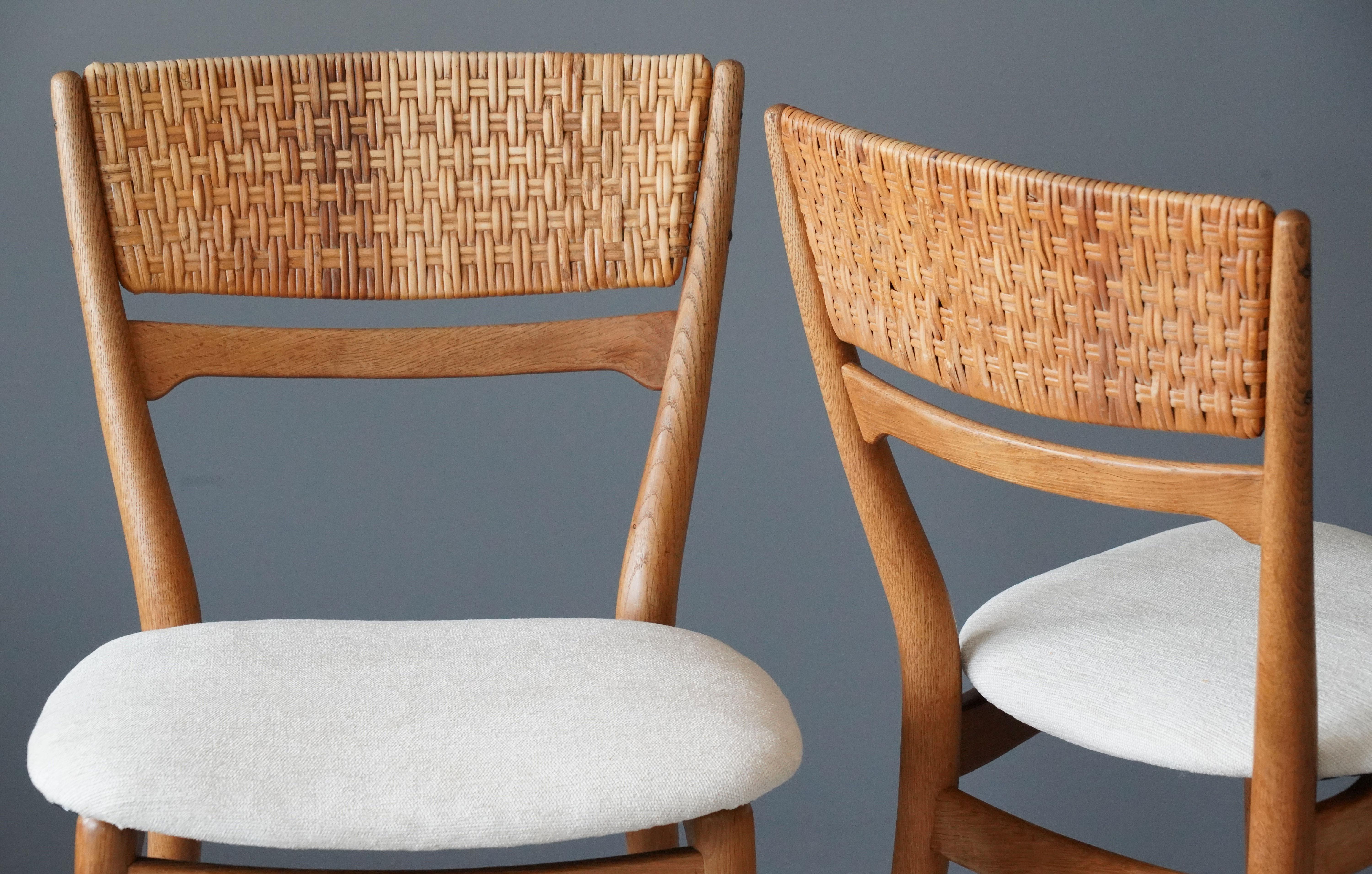 Swedish Arne Wahl Iversen, Dining Chairs, Oak, Cane, Fabric Sorø Stolefabrik, 1957