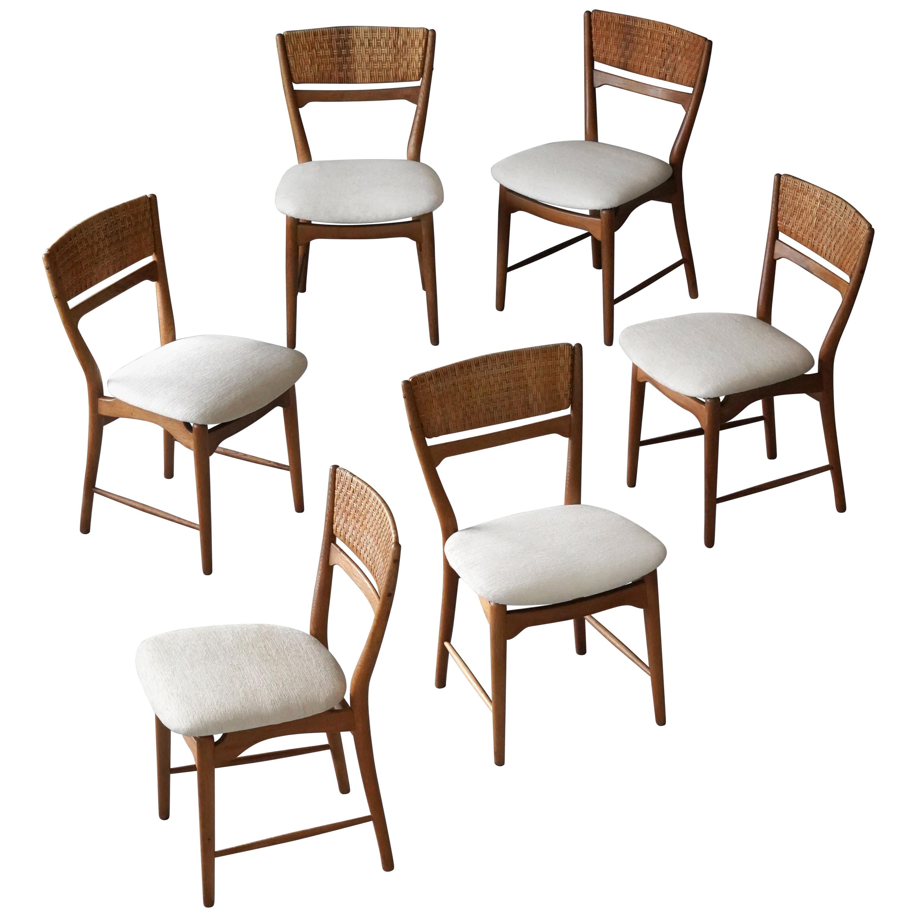 Arne Wahl Iversen, Dining Chairs, Oak, Cane, Fabric Sorø Stolefabrik, 1957