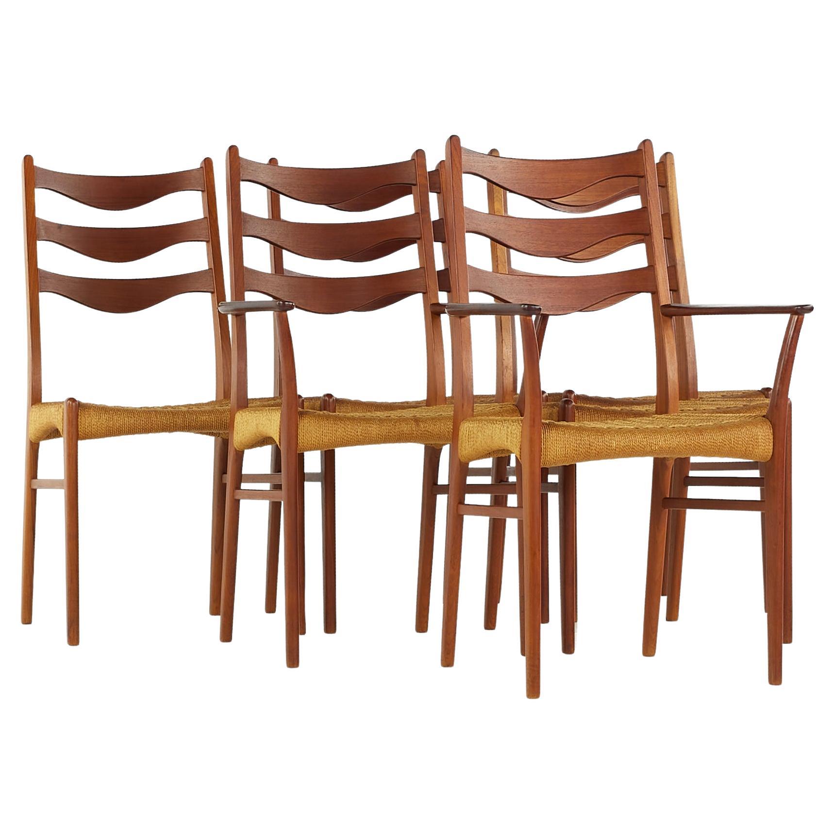 Arne Wahl Iversen GS90 MCM Danish Teak Dining Chairs with Rope Seats, Set of 6 For Sale