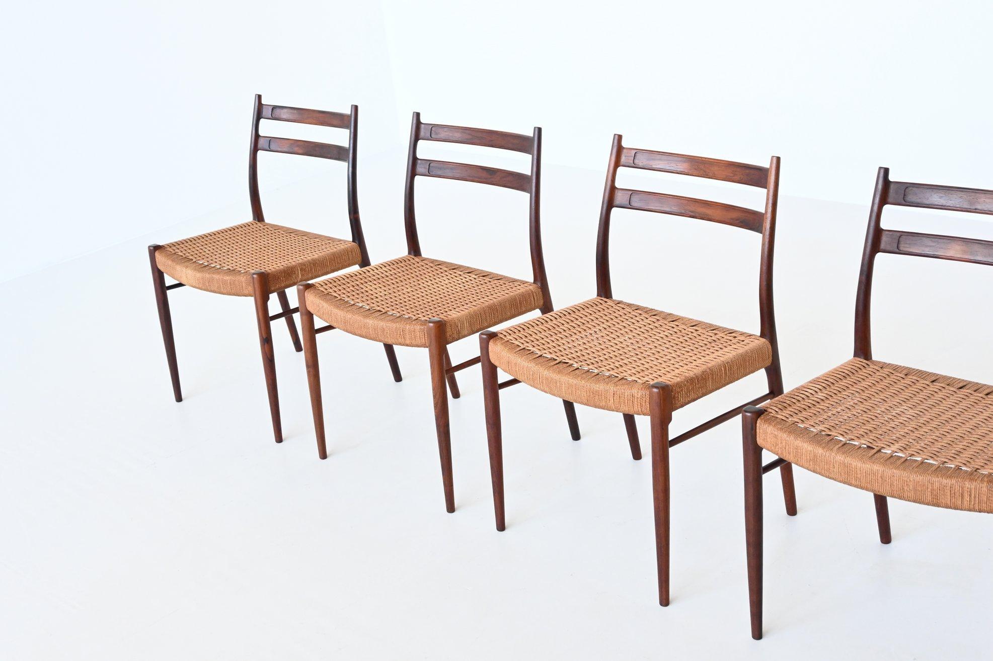 Fantastic set of six dining chairs designed by Arne Wahl Iversen and manufactured by Glyngore Stolefabrik, Denmark 1960. These well-crafted and very elegant chairs are made of solid rosewood and they are upholstered with original paper cord. The