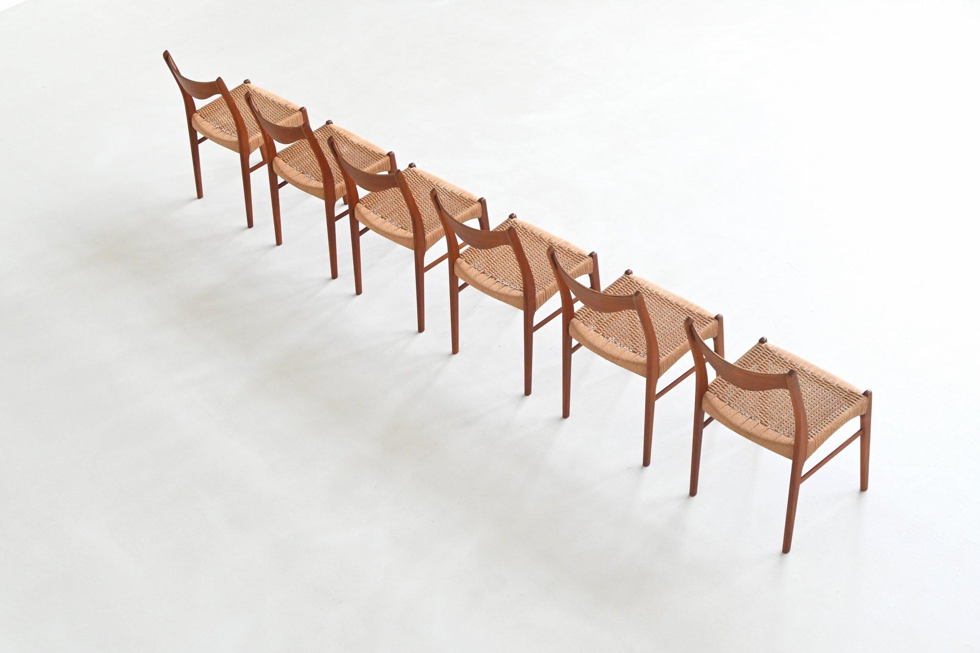 Arne Wahl Iversen Satz von sechs Esszimmerstühlen aus Teakholz Glyngore Dänemark 1960 (Mitte des 20. Jahrhunderts) im Angebot