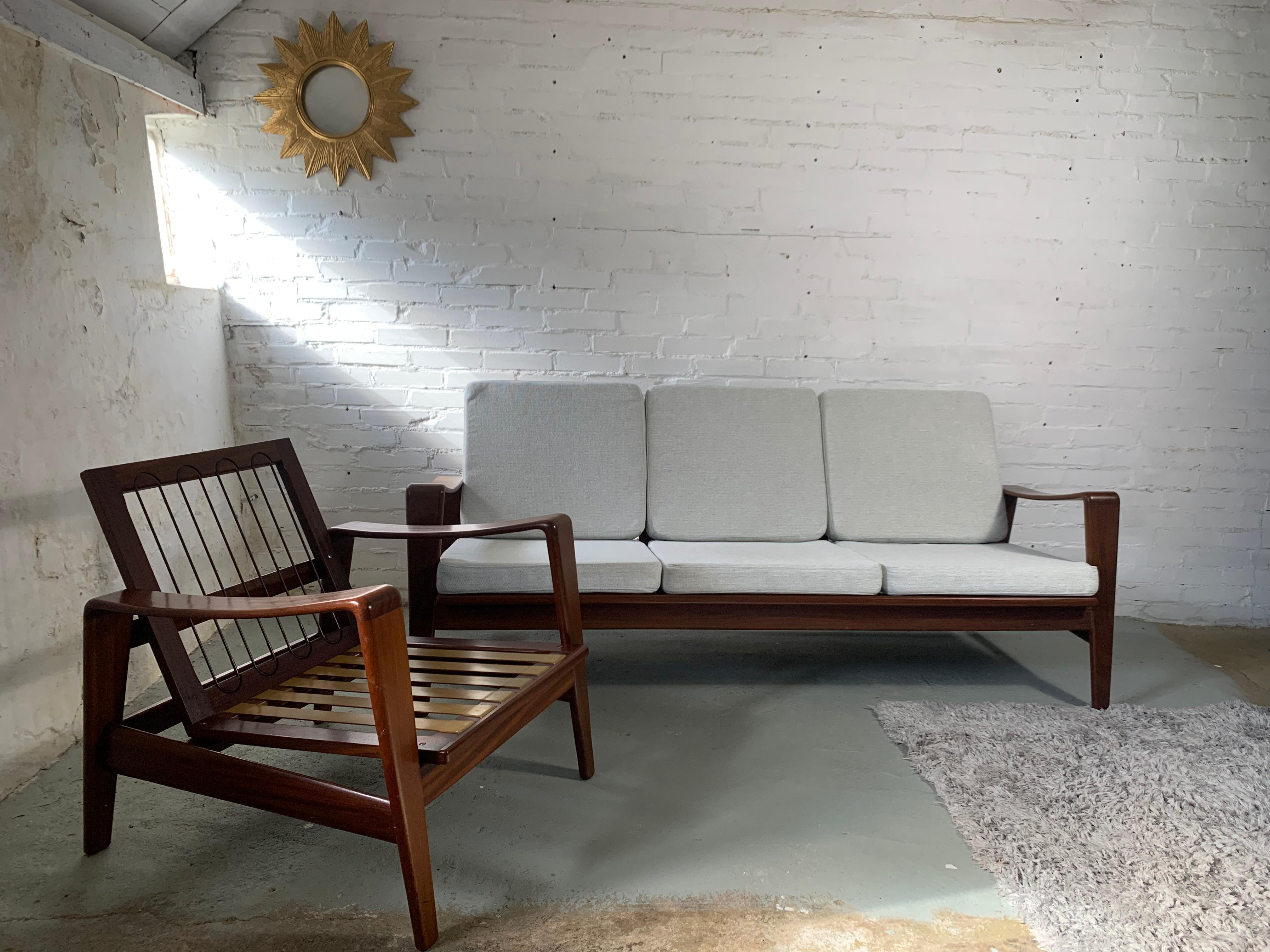 Set of 3-seats sofa and pair of easy chairs model no. 35 designed by Arne Wahl Iversen, manufactured by Komfort, Denmark, 1960. These comfortable furniture have solid teak wooden frames and white upholstered cushions. Beutifull classic Mid-Century