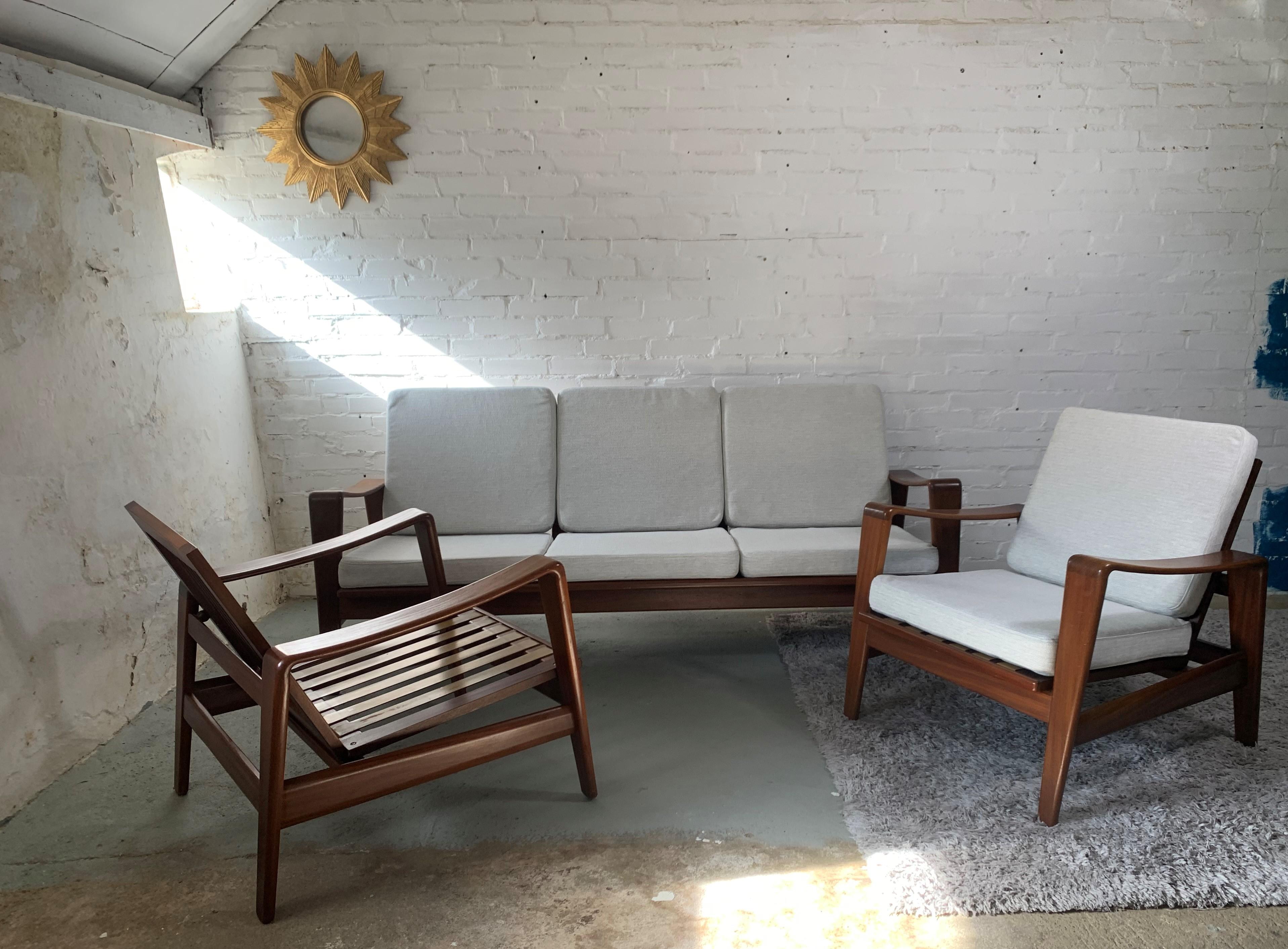 Scandinavian Modern Arne Wahl Iversen Set of Sofa and 2 Armchairs for Komfort, 1960's