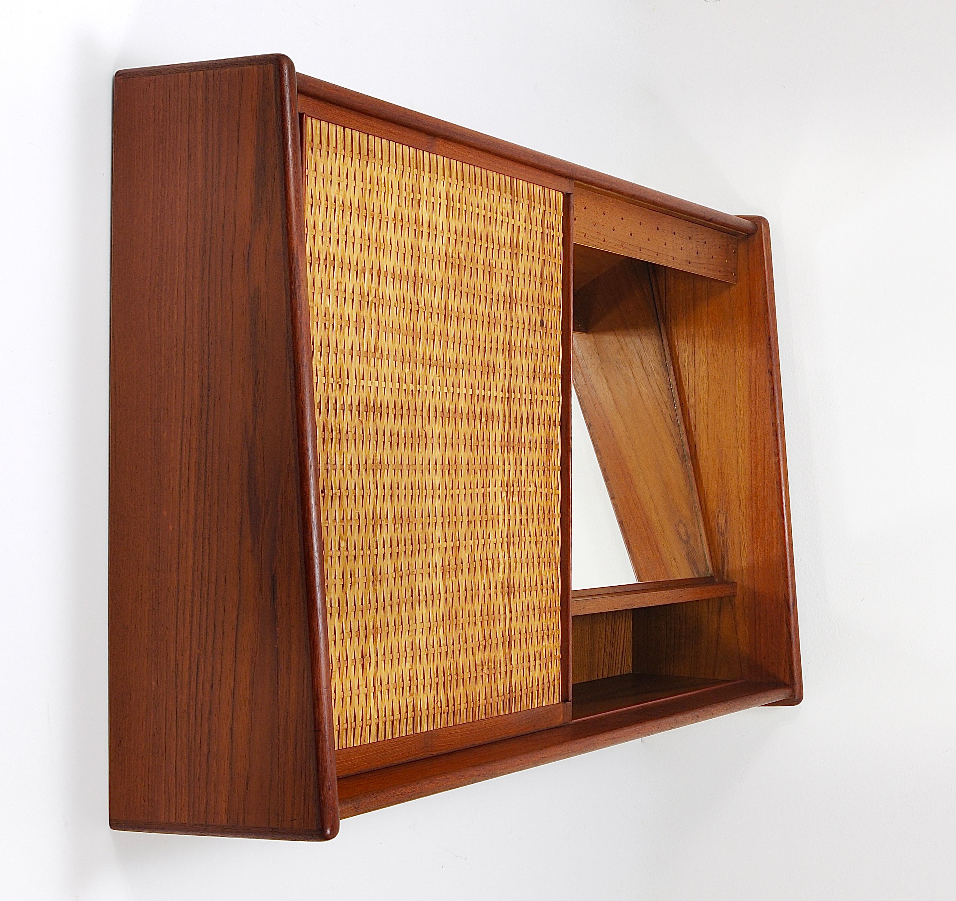 Arne Wahl Iversen Wall Mirror & Shelf Cabinet, Teak & Cane for Brenderup Denmark For Sale 11