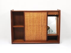Arne Wahl Iversen Wall Mirror & Shelf Cabinet, Teak & Cane for Brenderup Denmark