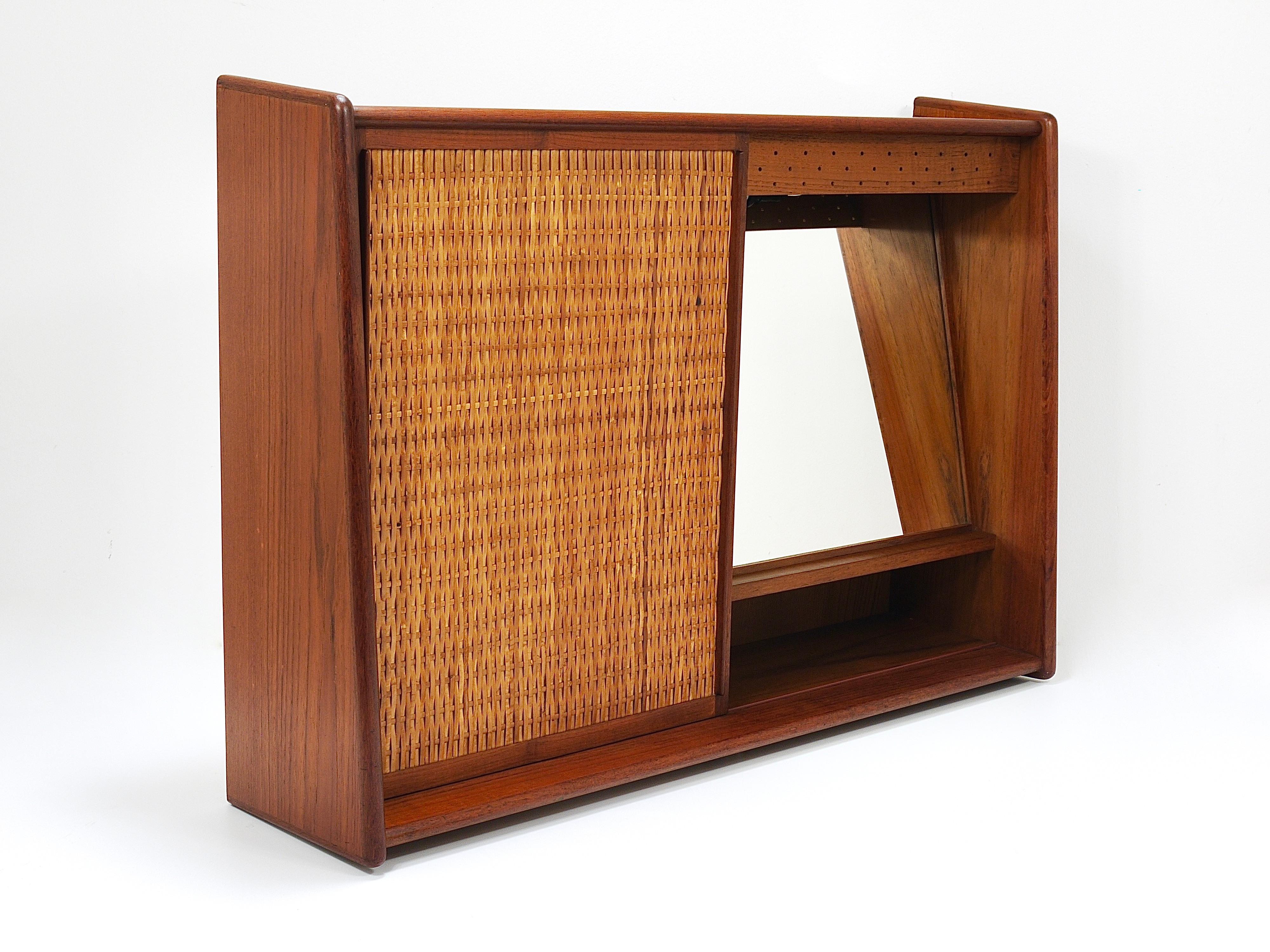 Danish Arne Wahl Iversen Wall Mirror & Shelf Cabinet, Teak & Cane for Brenderup Denmark For Sale