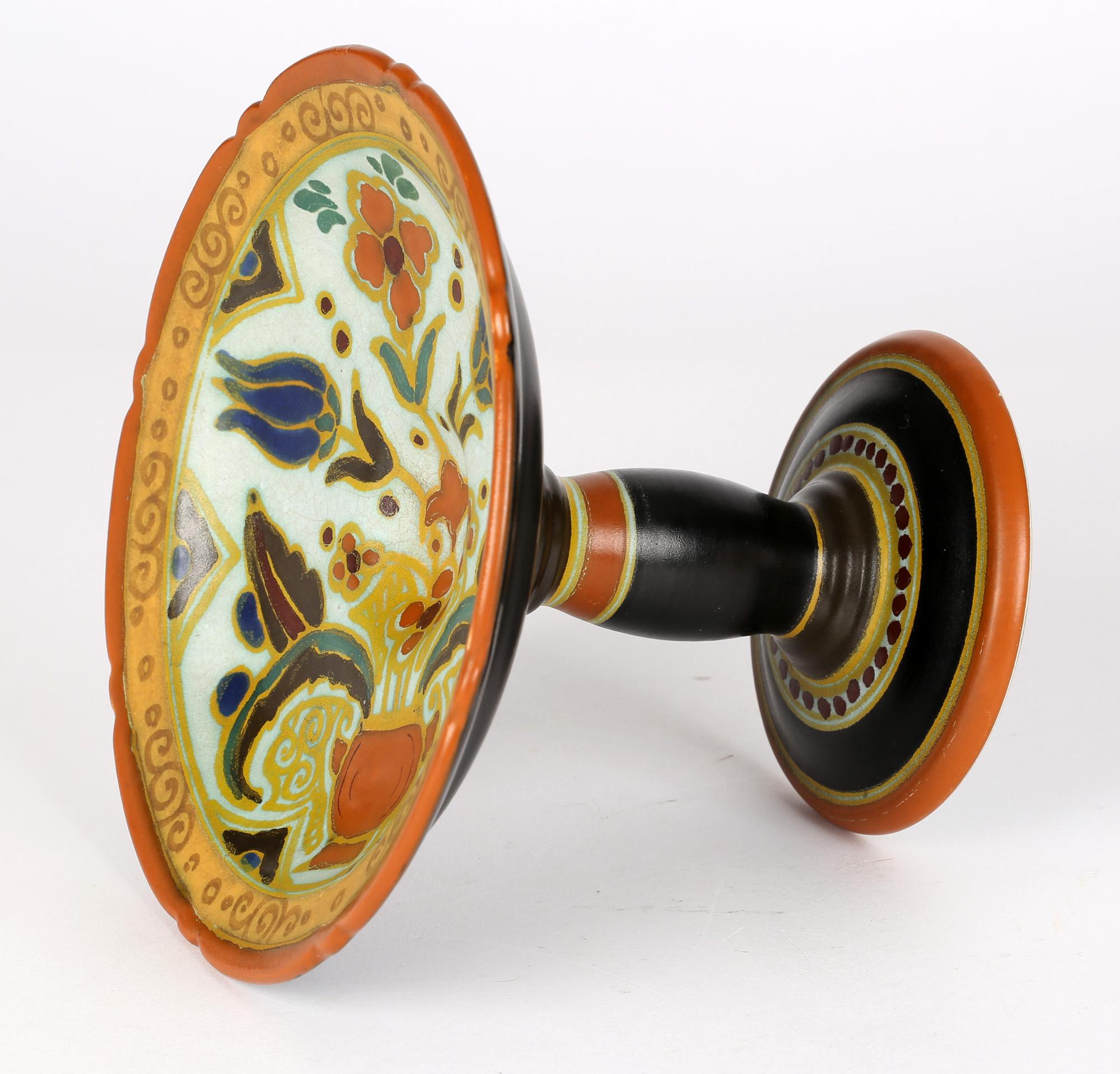 Arnhem Dutch Art Deco Hand Painted Persian Pattern Art Pottery Comport For Sale 3