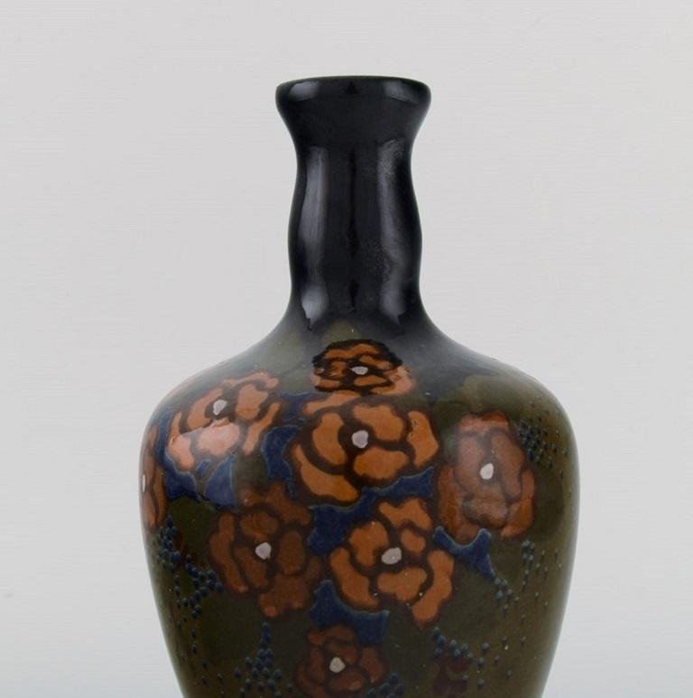 Dutch Arnhem, Holland, Antique Art Nouveau Vase with Hand-Painted Flowers For Sale