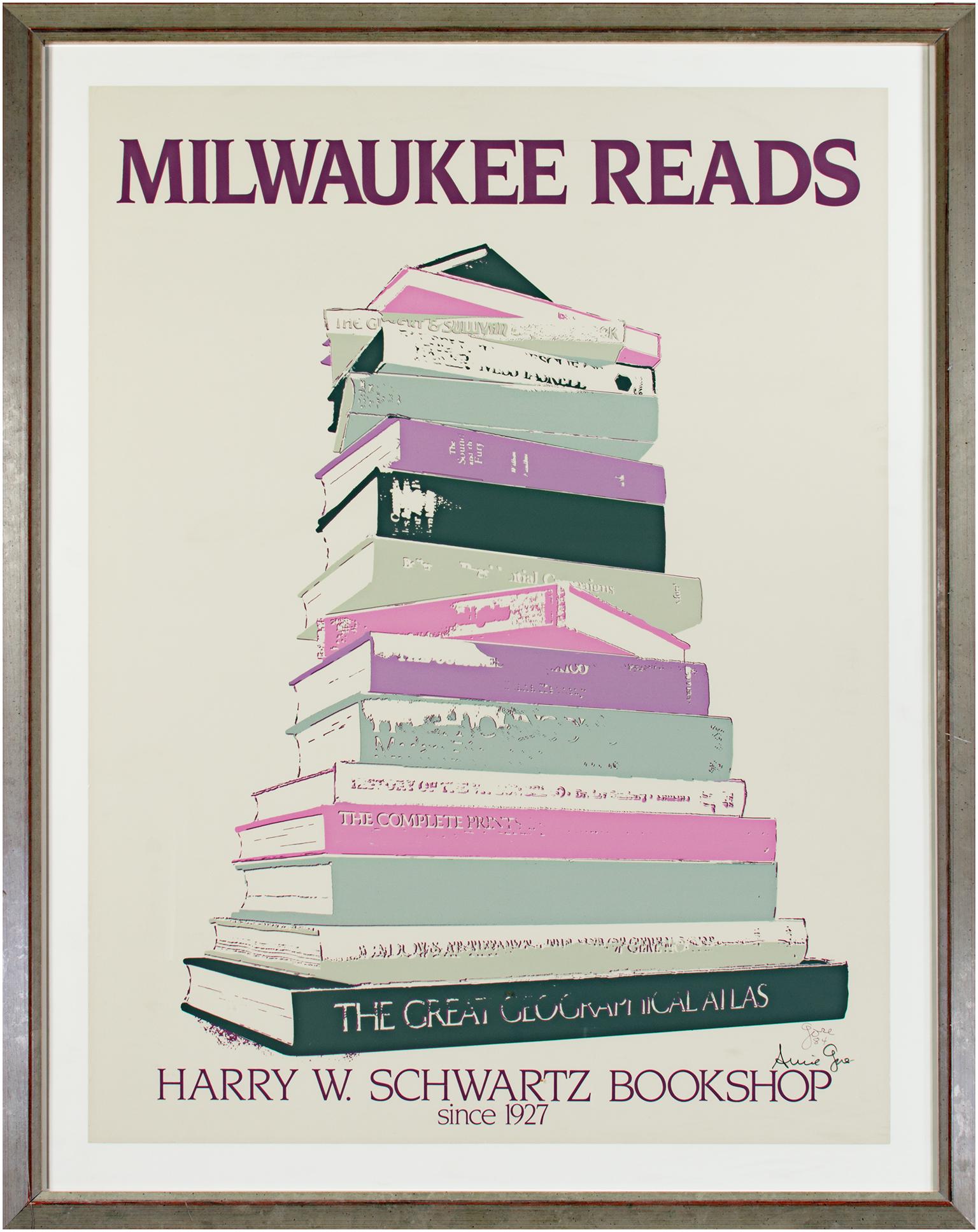 „Milwaukee Reads--Harry W. Schwartz Bookshop“, Siebdruckplakat von Arnold Gore im Angebot 1