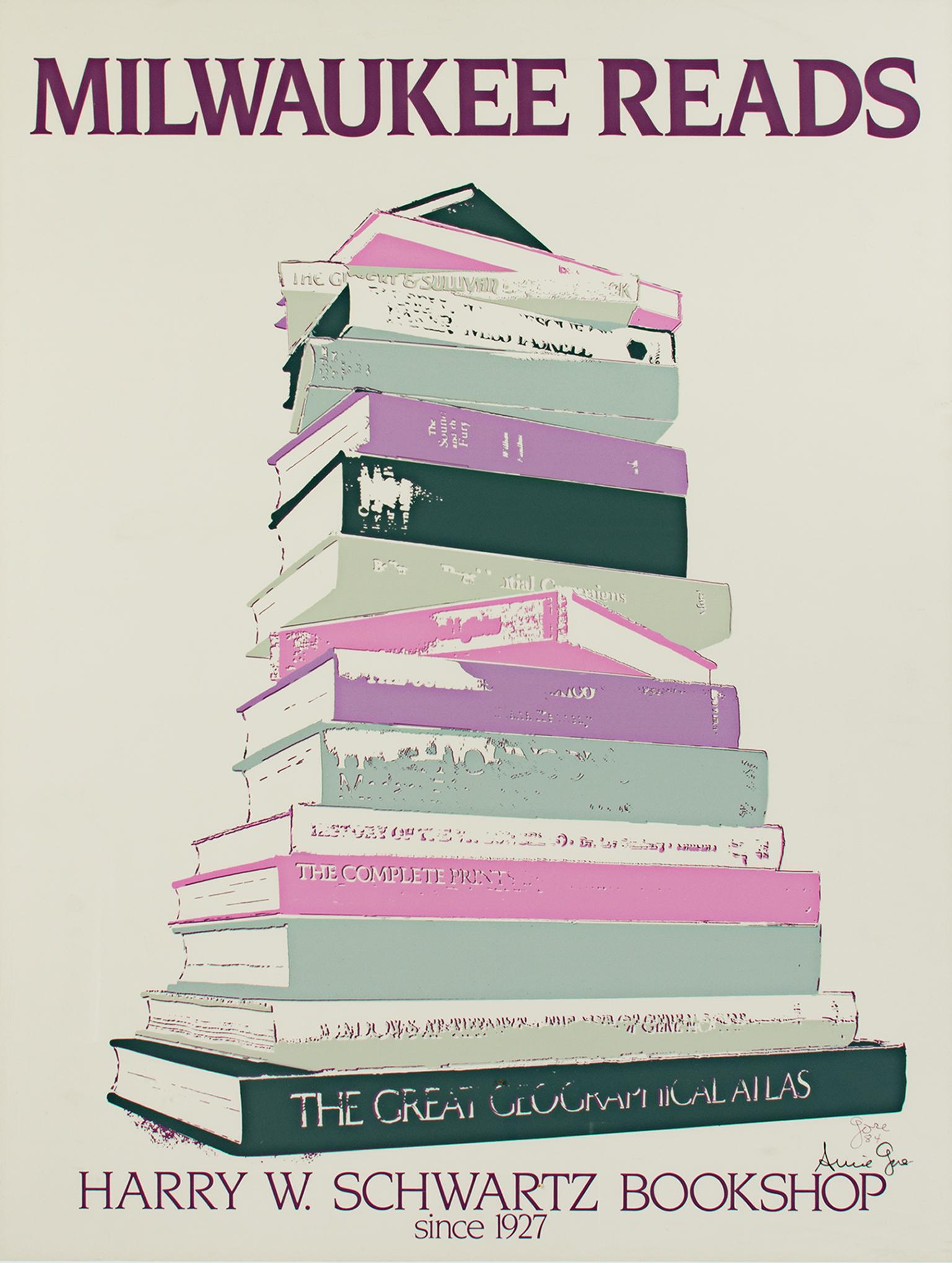 ""Milwaukee Reads--Harry W. Schwartz Bookshop", Affiche sérigraphiée d'Arnold Gore - Print de Arnie Gore