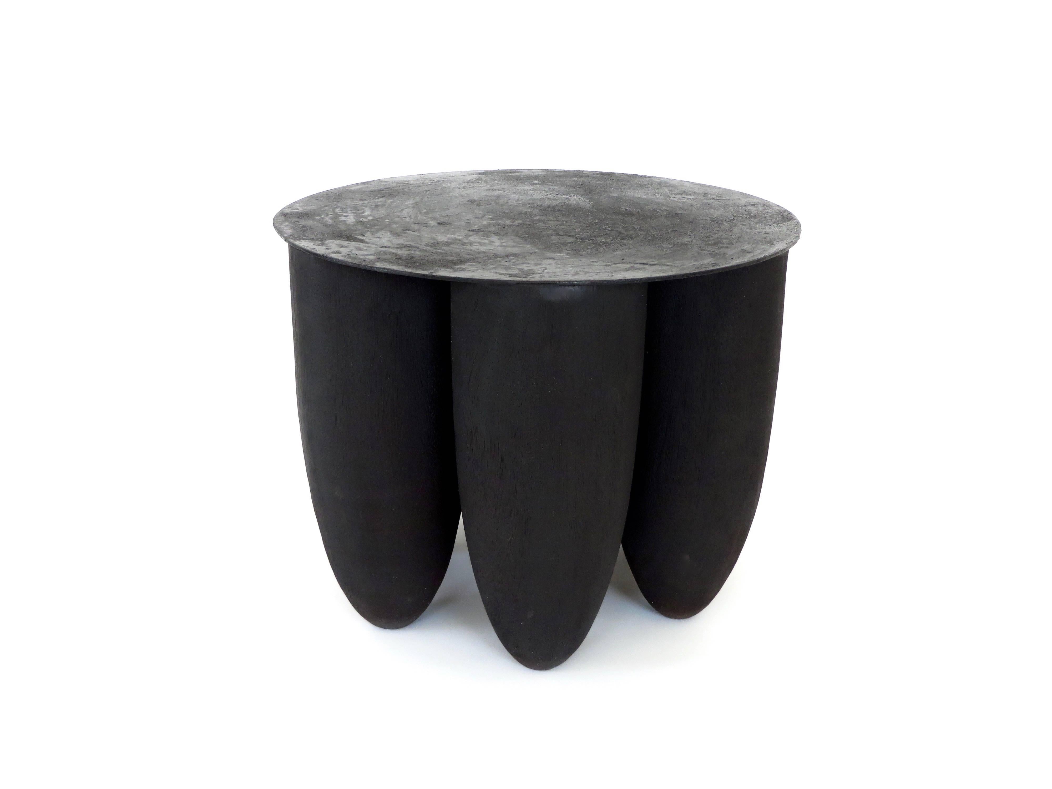 Black Iroko wood and burned steel seven leg signed low coffee table or side table or stool by Belgian designer Arno Declercq.
A Belgian designer and art dealer who makes bespoke objects for interiors with passion for design, atmosphere, history and