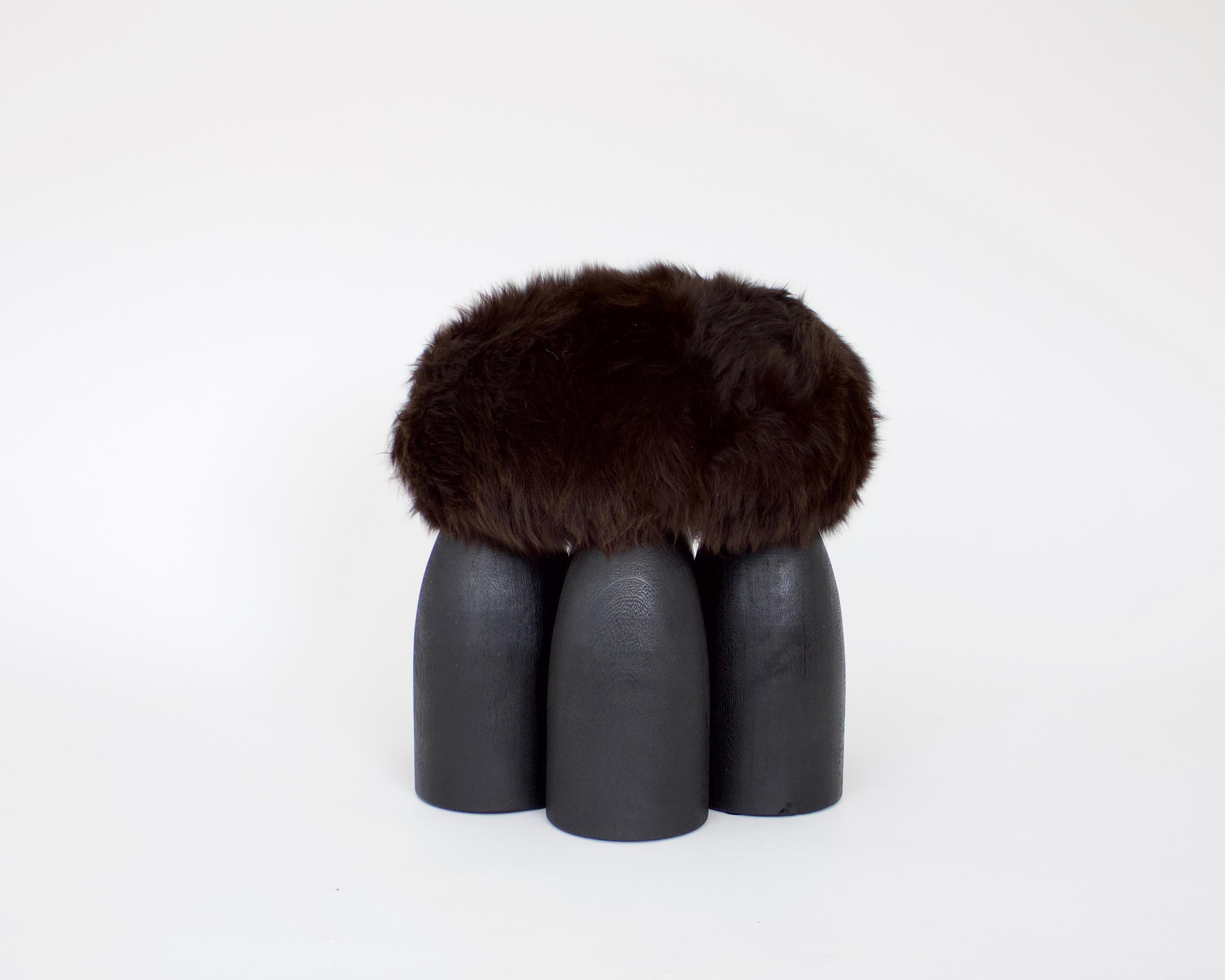 Belgian Arno Declercq Senufo Stool Ottoman Burned and Waxed Iroko Wood with Sheepskin