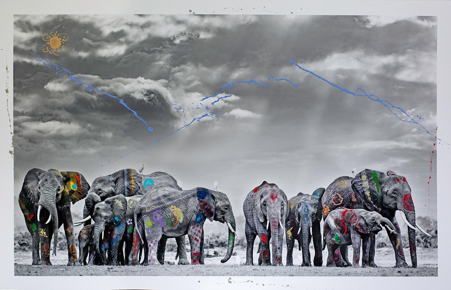 Arno Elias Animal Painting - Nine Elephants in the Maasai Mara National Reserve - Hand-embellished photo