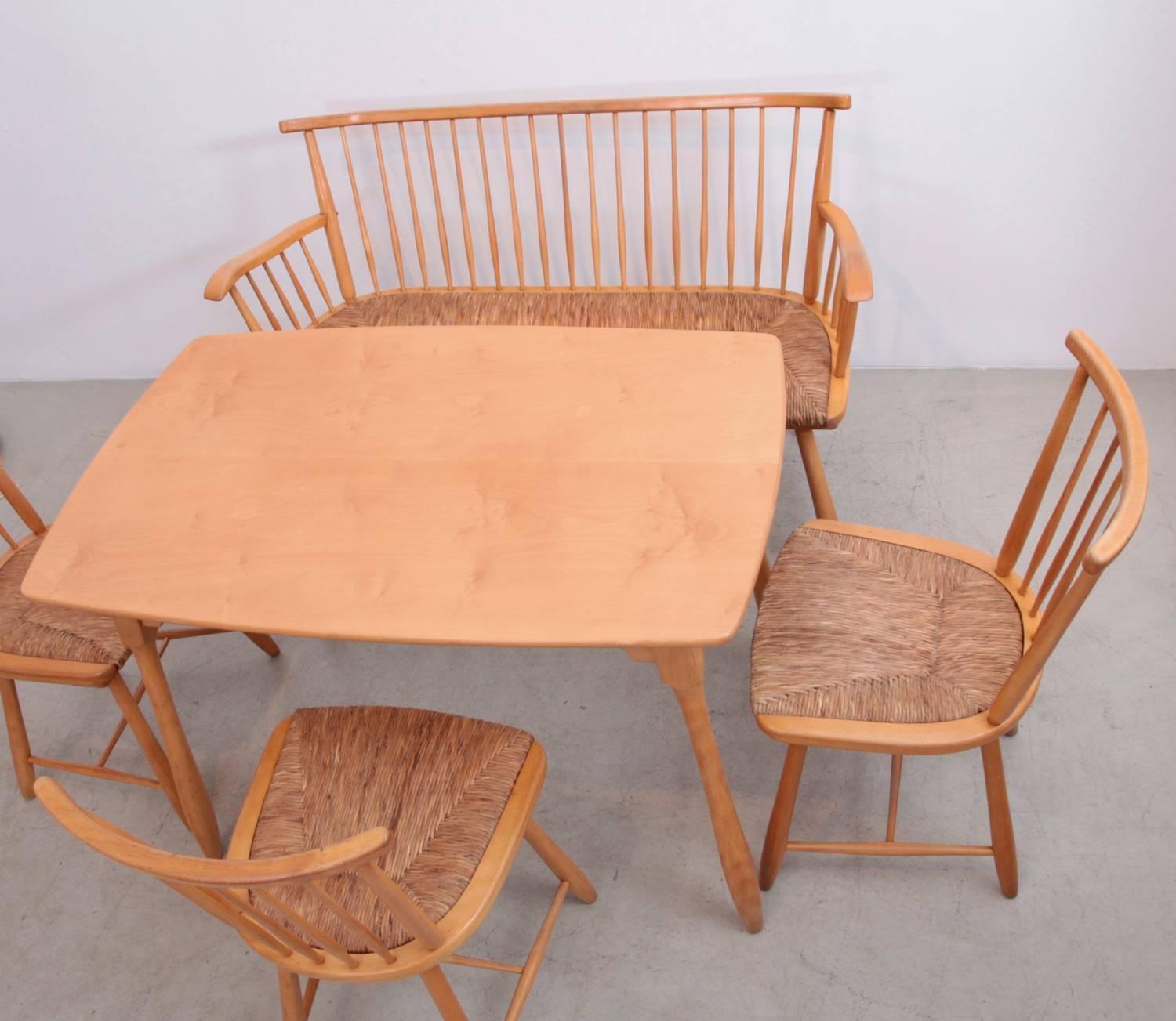 Mid-20th Century Arno Lambrecht Dining Set of Table, Three Chairs and a Bench for WK Mobel For Sale