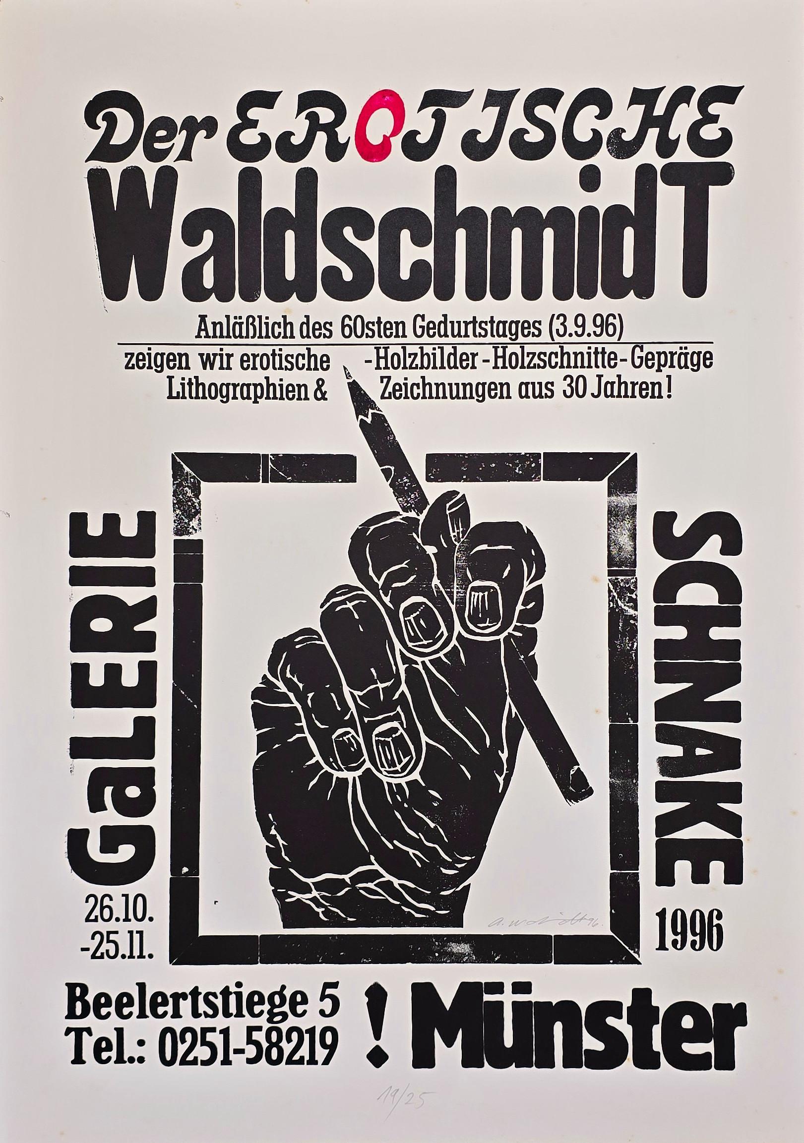 Arno Waldschmidt
Der erotische Waldschmidt
Woodcut on handmade paper
1996
Size: 27.55 x 19.68 inches (70 x 50 cm)
Edition: 25
Signed, numbered and dated in pencil
COA provided

*Condition: Minute foxing, otherwise in good condition, consistent with