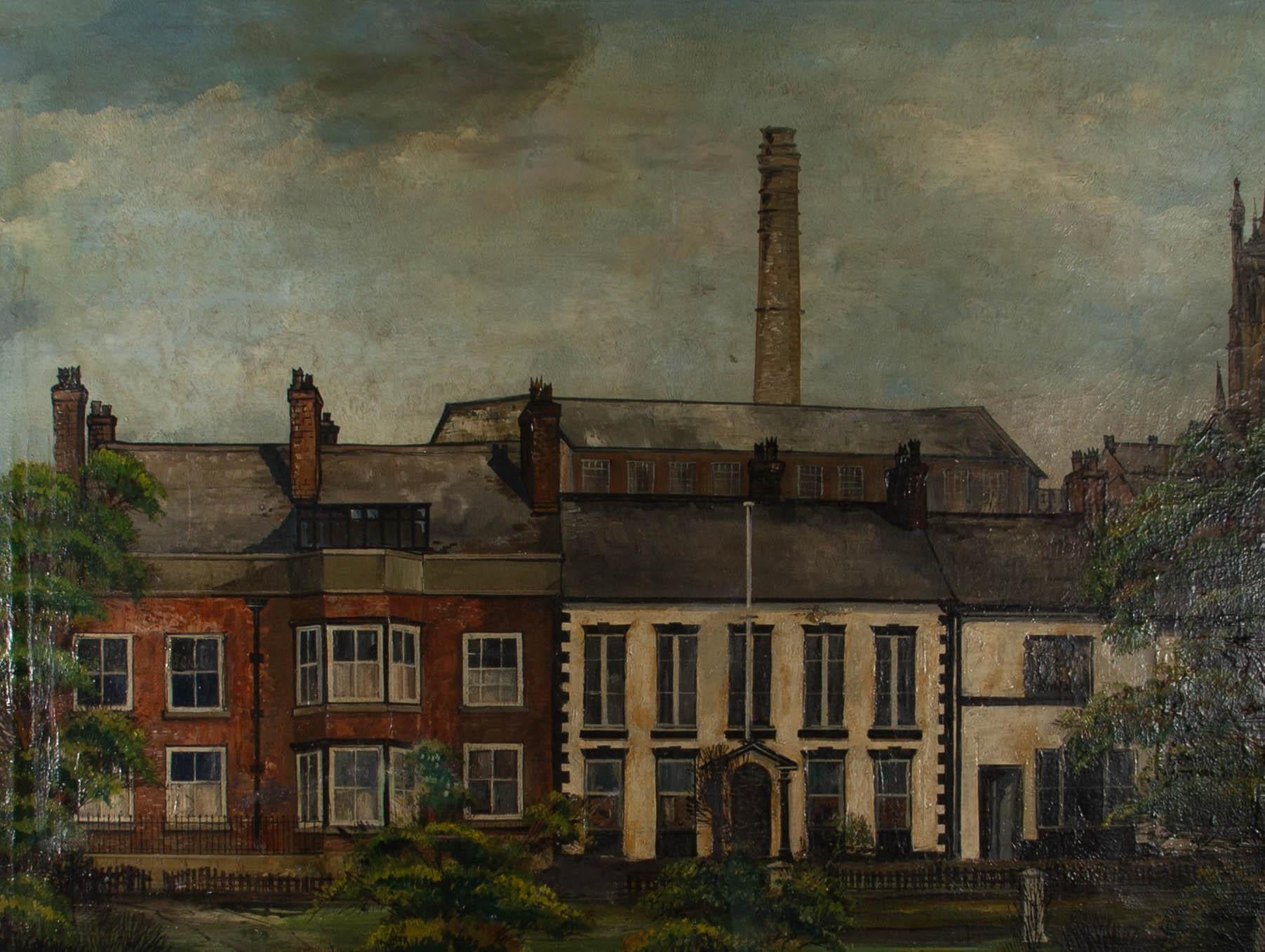 A row of grand houses in the suburbs of a city. The artist has signed and dated to the lower right corner. The painting is on canvas over stretchers. On canvas.
